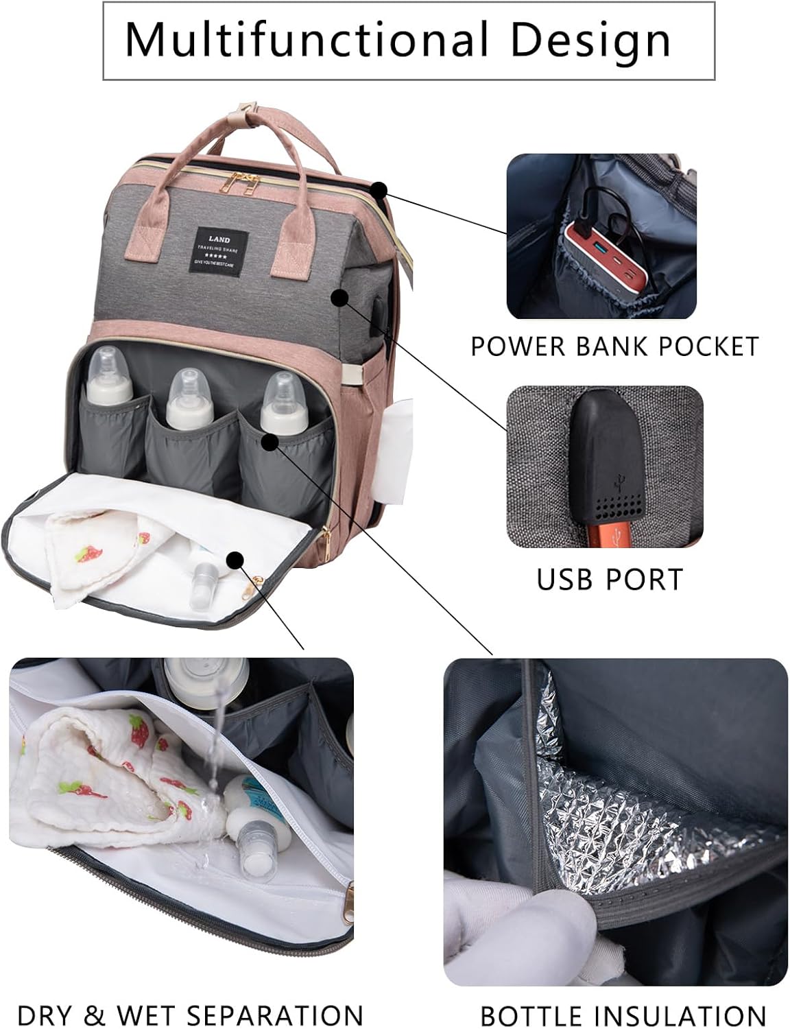 Diaper Bag Backpack with Changing Station: Pink Baby Bags for Girls Bo