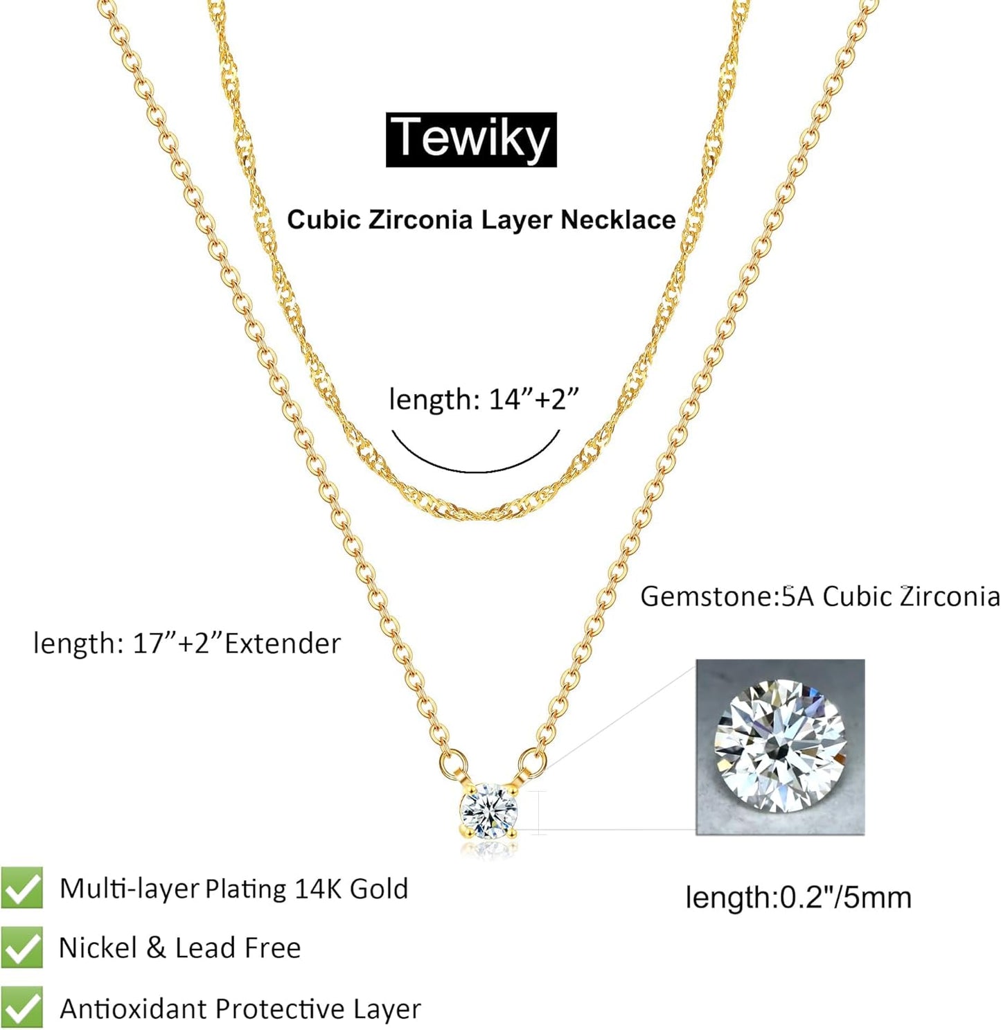Tewiky Dainty 14k Gold Plated/Silver Cubic Zirconia Necklaces for Wome