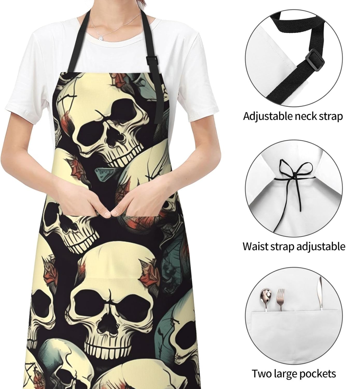YANYU Skull Skeleton Print 28x33 In Kitchen Apron Stylish Chef Apron w