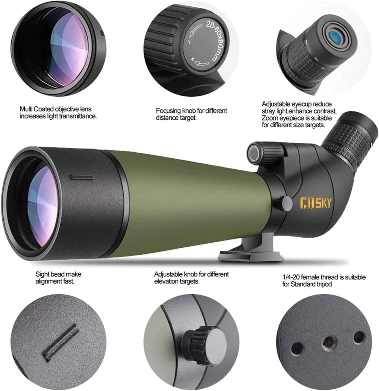 GOSKY 20-60x80 HD Spotting Scope with Tripod, Carrying Bag - BAK4 Angled Scope for Target Shooting Hunting Bird Watching Wildlife Scenery (with Smartphone Adapter+SLR Mount Compatible with Nikon)