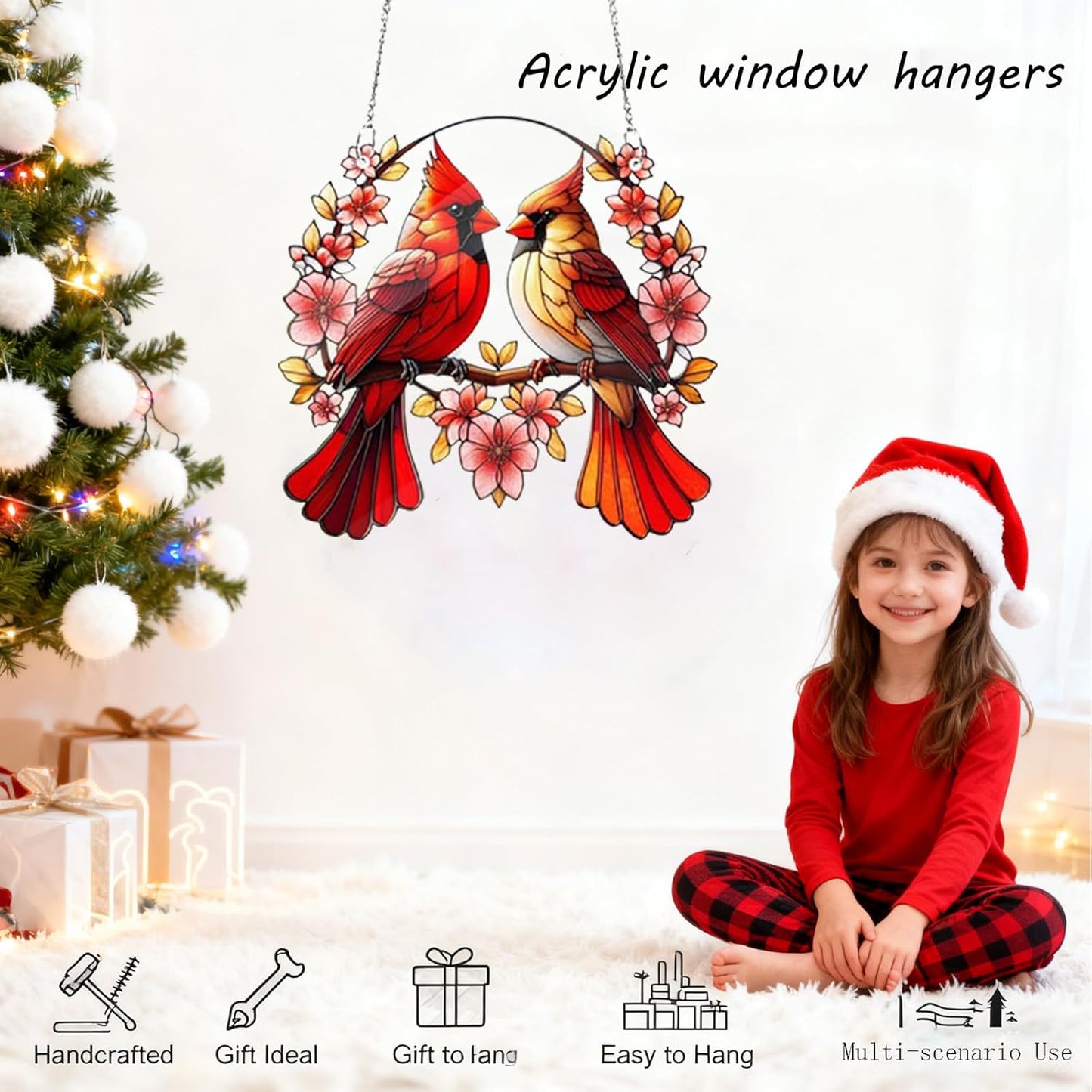 Acrylic Window Hanging Cardinal Suncatcher Decor,Red Bird Suncatcher Panel Outdoor Wall Art Stained Panel Hangings Gift for Home Garden Ornament for Birds Lover