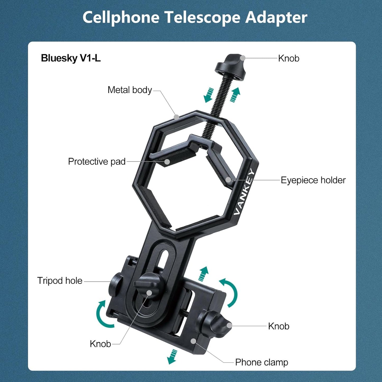 VANKEY Large Telescope Phone Mount, Metal Phone Adapter for Spotting Scope, Monocular, Binocular - Fits iPhone, Samsung and More Smartphone (Bluesky V1-L)