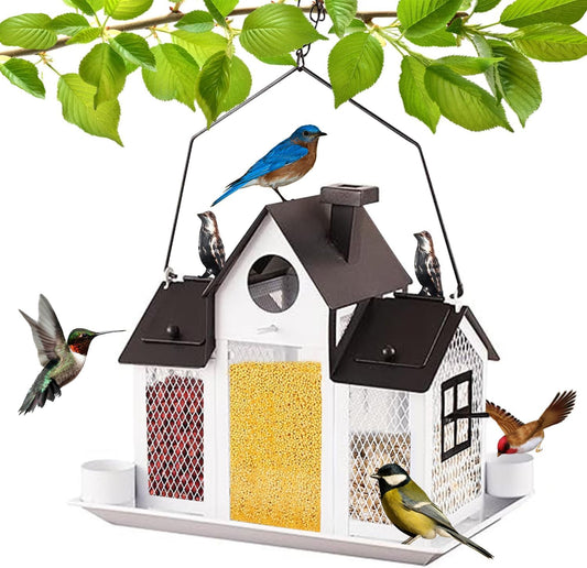 Solar Bird Feeders for Outdoors,Bird House Feeder,Hanging Metal Mesh Wild Window Large Finch Cardinal Nest Houses Garden Decoration Squirrel Proof (White)