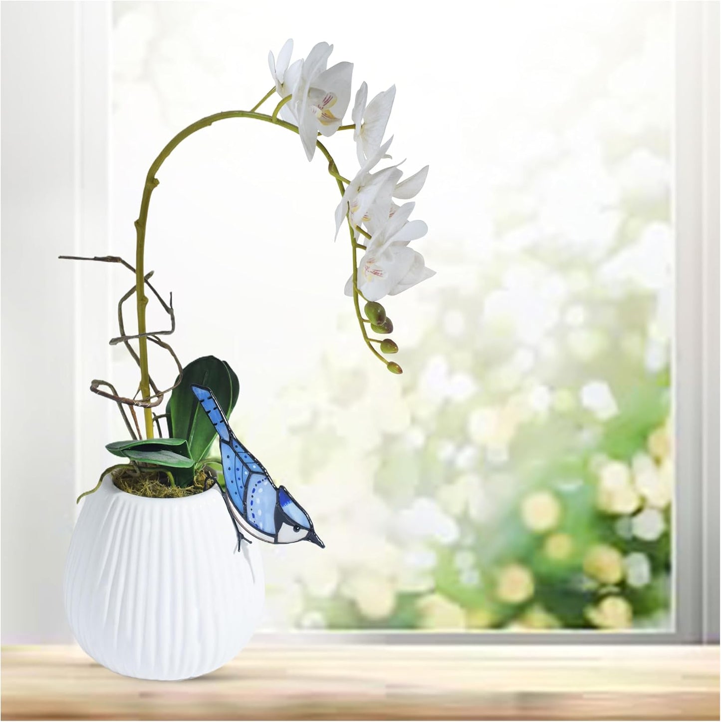 Lolitarcrafts Blue Jay Stained Glass Suncatcher for Pot Plant Decoration - Unique Planter Decor, Home Office Plant Decoration