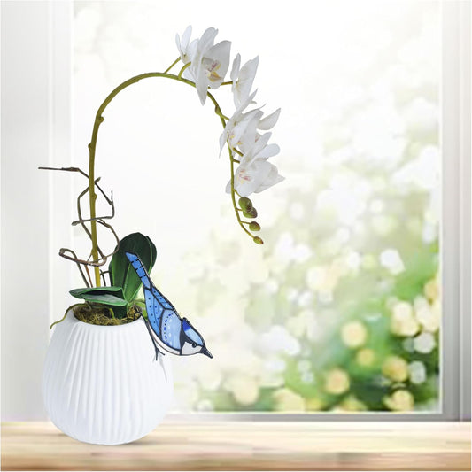 Lolitarcrafts Blue Jay Stained Glass Suncatcher for Pot Plant Decoration - Unique Planter Decor, Home Office Plant Decoration