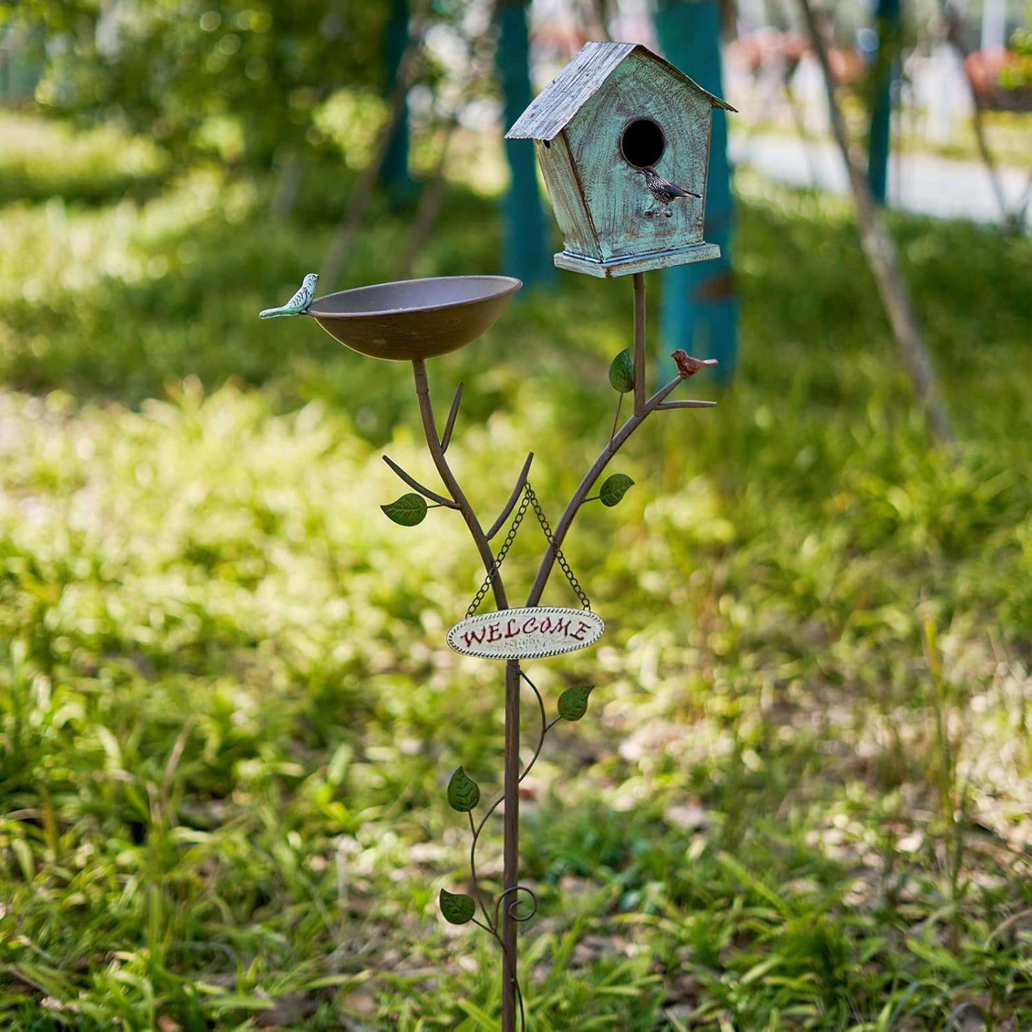 Bird Baths and BirdHouses with Pole, Distressed Metal Bird Bath Bowl a
