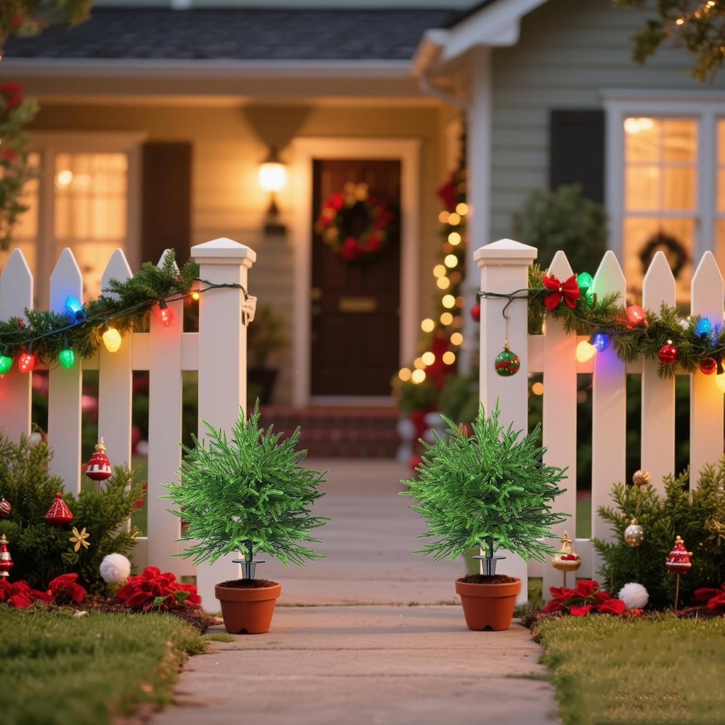 Artificial Topiary Ball Trees, 2 Pack 28'' UV Resistant Faux Cedar Bushes, Outdoor Indoor Decorative Evergreen Plants with Ground Spikes for Patio Garden Porch Decor