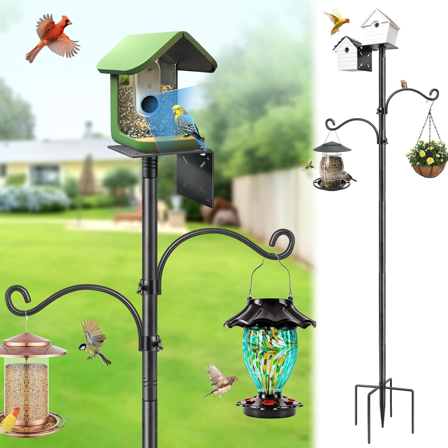 Bird Feeder Pole, 80 Inch Bird House Pole Stand for Outdoors Heavy Duty Metal Feeding Station Kit with 2 Hooks for Birdhouse & Pole Mount birdfeeders Outside, 1 Inch Diameter, 1 Pack