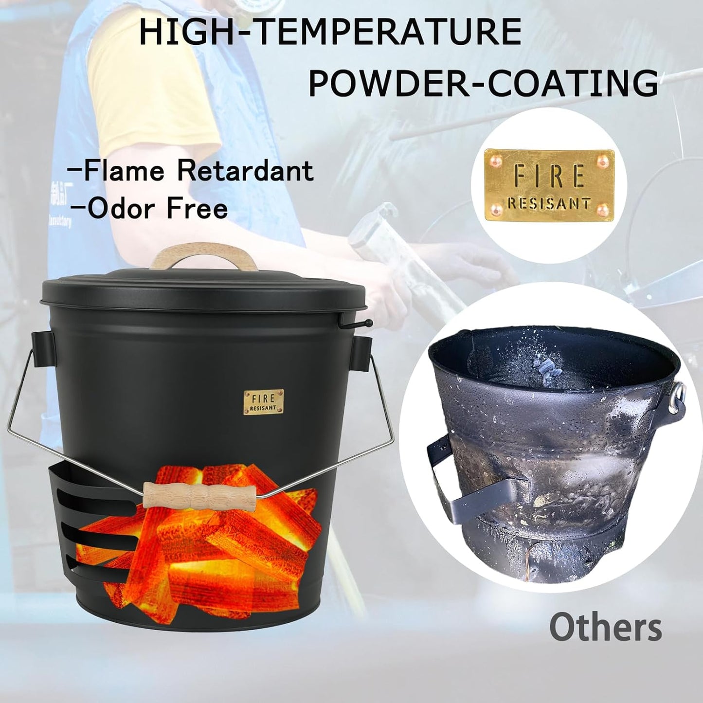 Ash Bucket with Lid and Shovel, Hand Broom and Stick, 5.2 Gallon Large Metal Ash Bucket for Fireplace Tools Set, Fire Pits, Wood Burning Stoves, Indoor and Outdoor, Camping, Grill, Black