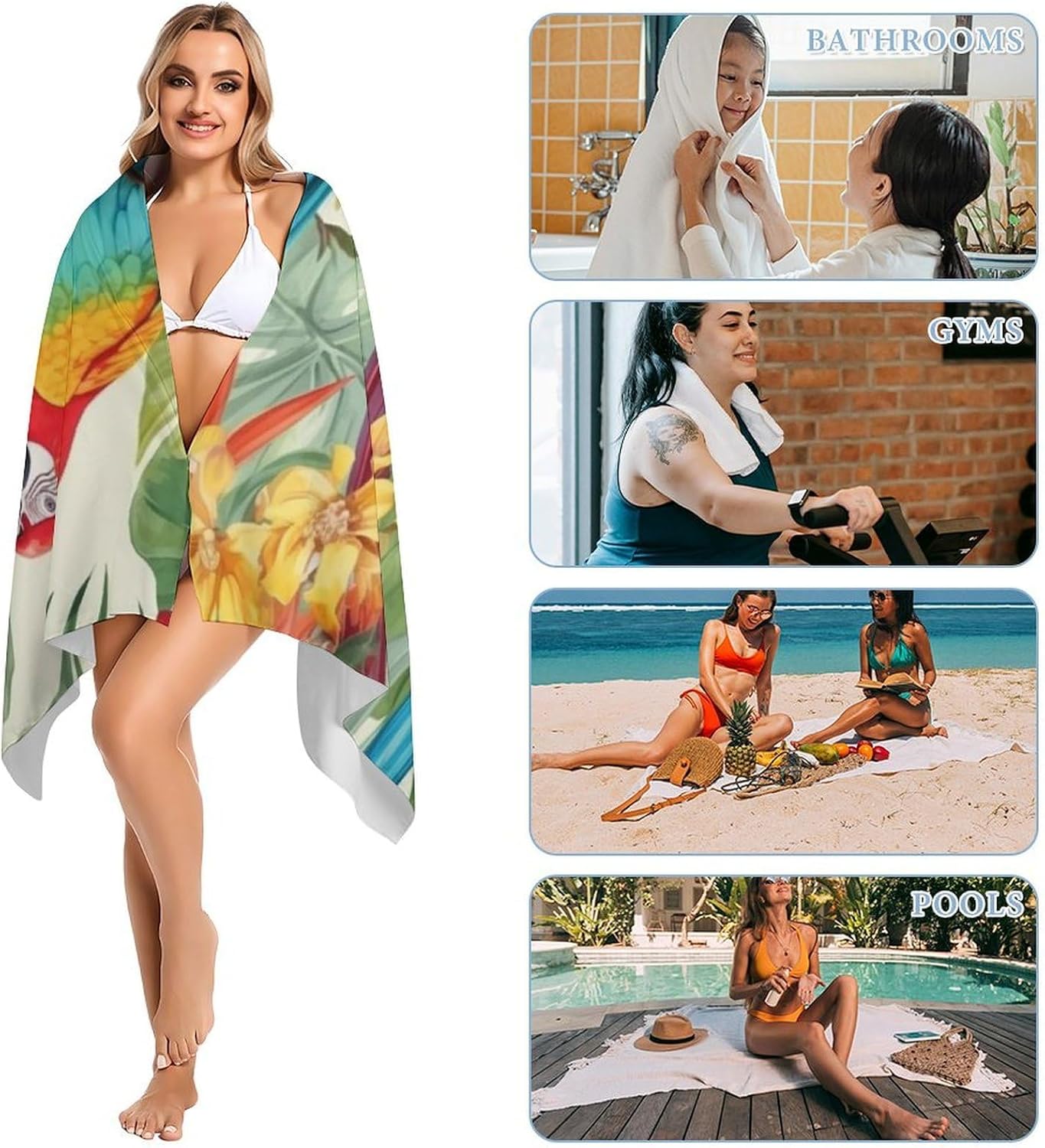 Oversized Beach Towel 63x32 Inch Sand Resistant Thin Microfiber Tropical Plants And Parrots Bath Towels for Body Absorbent Quick Dry Lightweight Travel Towel for Pool Yoga Swim Camping Adults Gift