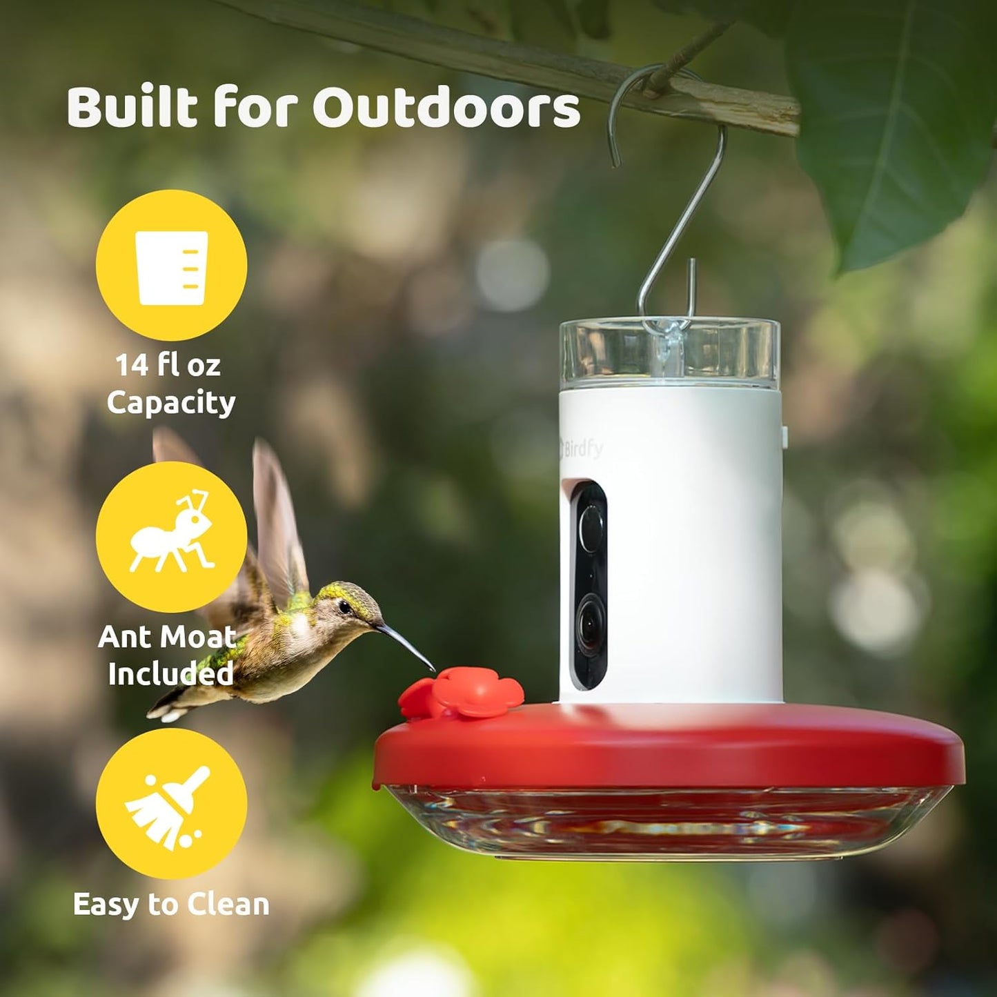Birdfy Hummingbird Feeder with Camera & Solar Panel, Smart Bird Feeder with AI Recognition & Capture on Outdoors, Gardens, Easy to Clean, 14oz Capacity, SE
