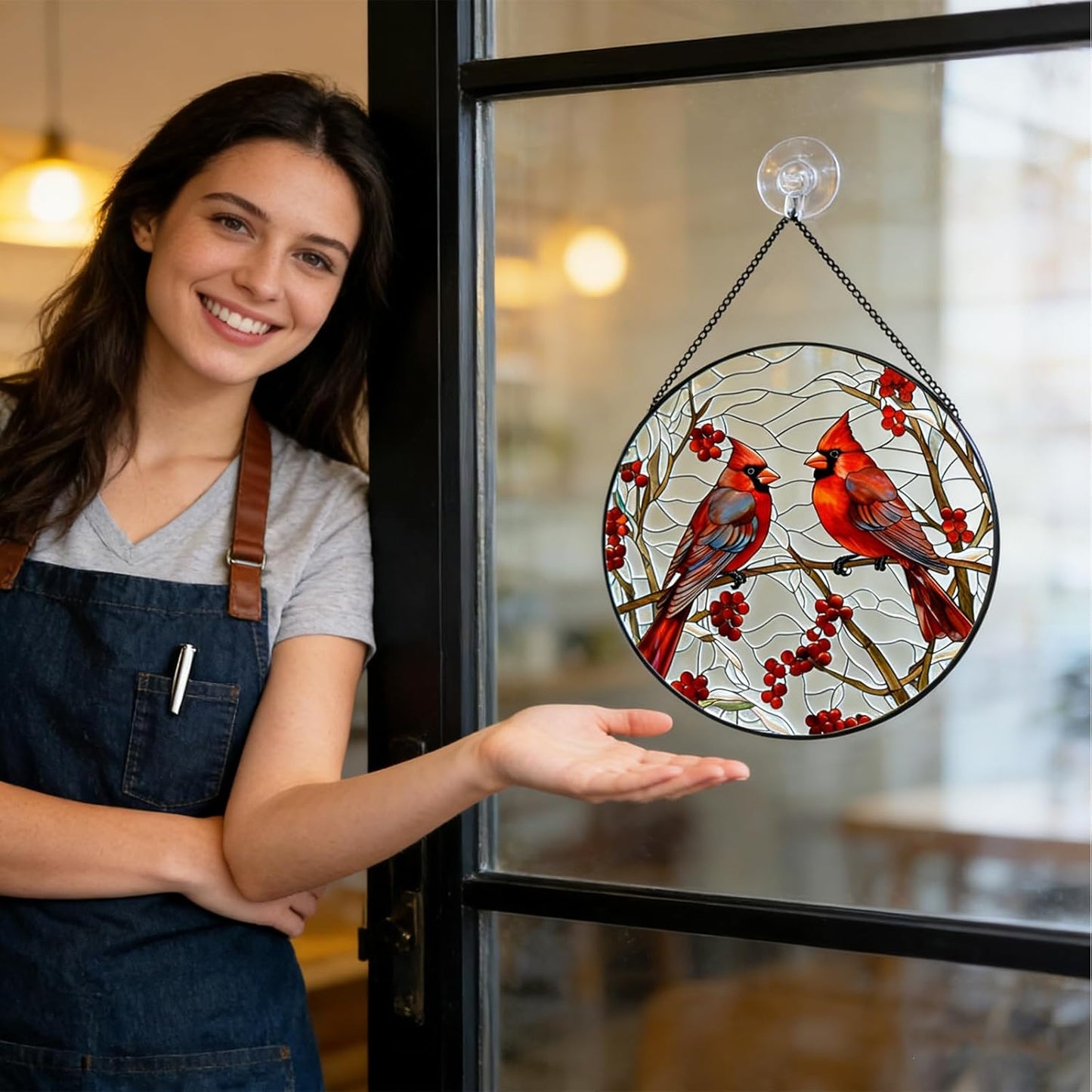 Red Cardinal Stained Glass Suncatcher - Handmade Christmas Window Hanging for Home Garden Deco