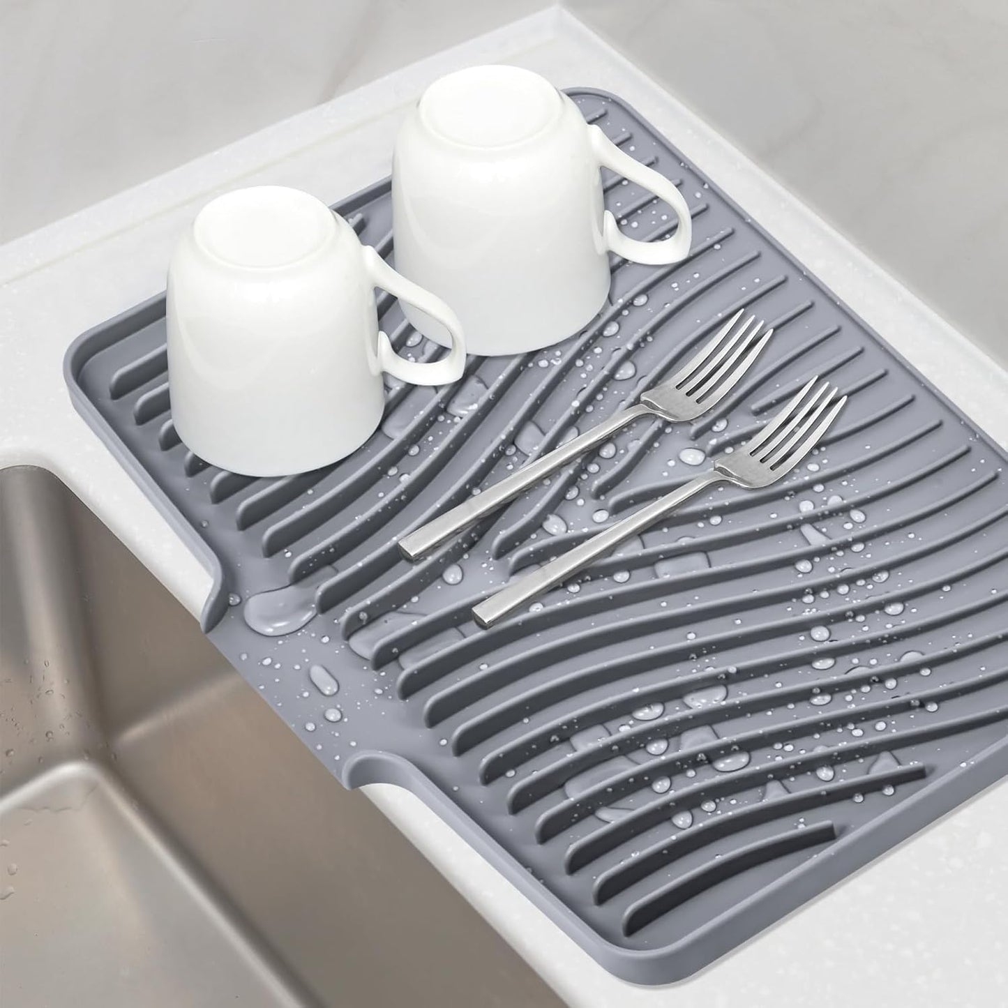 Silicone Dish Drying Mat, Stone Drying Mat for Kitchen Counter with Built-In Drain, Non-Slip Drain Pad with Built-in Drain, Heat Resistant Stone Drying Mat, Hangable, Grey-1pcs, 16" x 12"