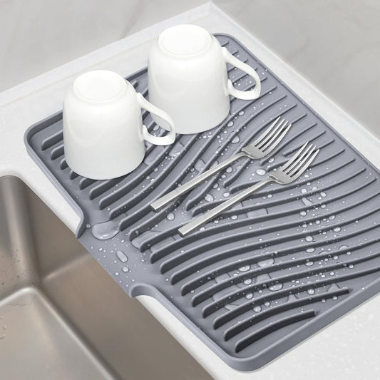 Silicone Dish Drying Mat, Stone Drying Mat for Kitchen Counter with Built-In Drain, Non-Slip Drain Pad with Built-in Drain, Heat Resistant Stone Drying Mat, Hangable, Grey-1pcs, 16" x 12"