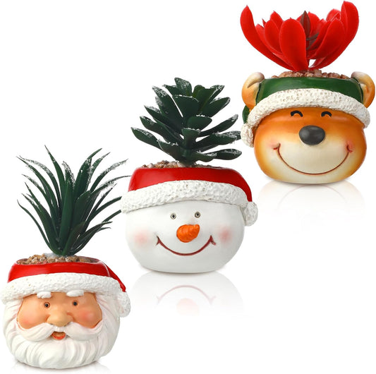 3 Pcs Christmas Artificial Succulent Plants in Pots Resin Mini Fake Flower Planter Santa Reindeer Snowman 4.5 Inch Small Faux Pot Plants Christmas Decorations for Home Indoor Decor
