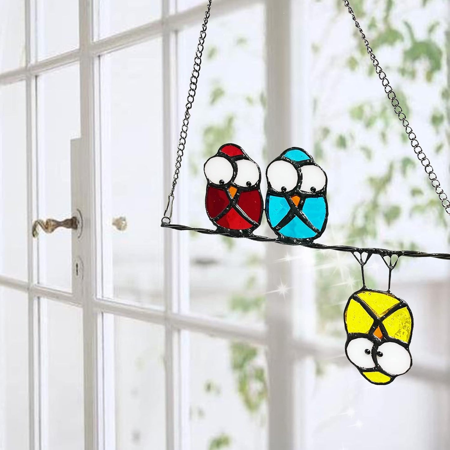 Double-Side High Stained Glass Suncatcher Panel, Multicolor Owls Suncatcher for Windows Doors Room Home Decoration Hummingbird Ornamentand Gifts for Bird Lovers Owl Gifts for Mom,Grandma(red)