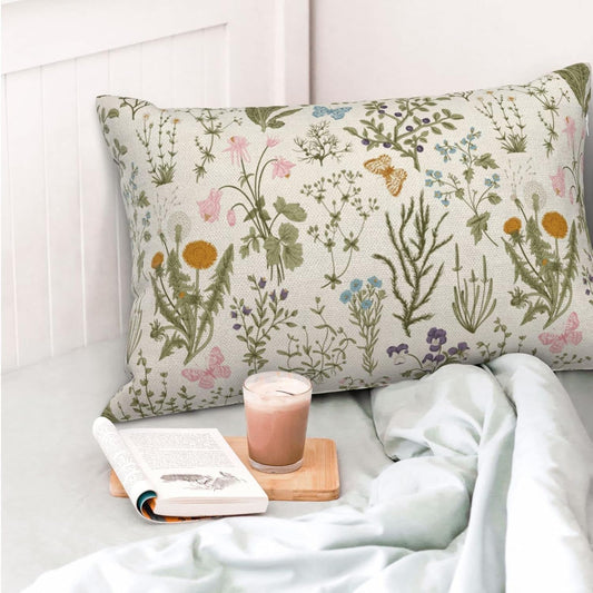 AEIOAE Spring Pillow Covers 12x20 Inch Set of 2,Sage Green Wild Flower Plant Throw Pillows Case,Seasonal Floral Outdoor Decorative Square Linen Farmhouse Decor Cushion Covers for Home Sofa Bed Couch