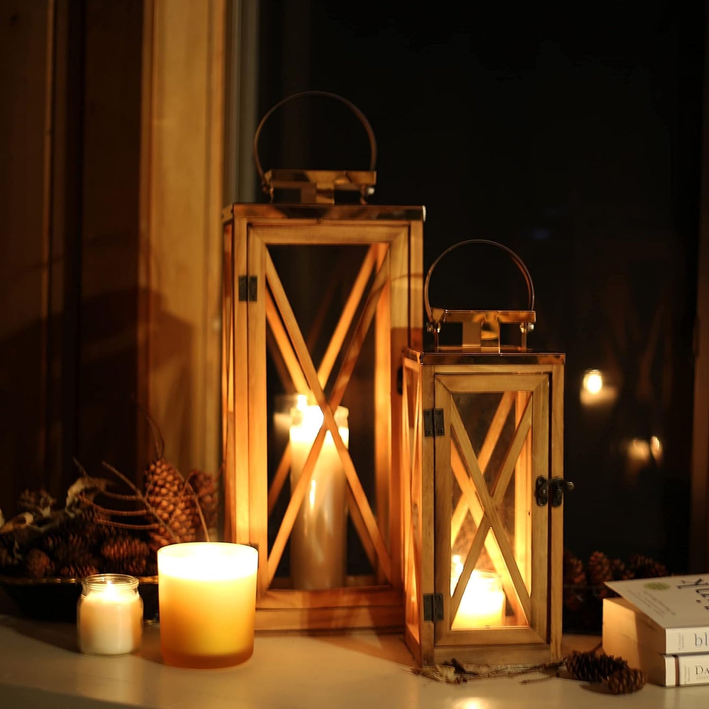 Wooden Candle Lantern Decorative Set of 2, Patio Decor with Stainless 