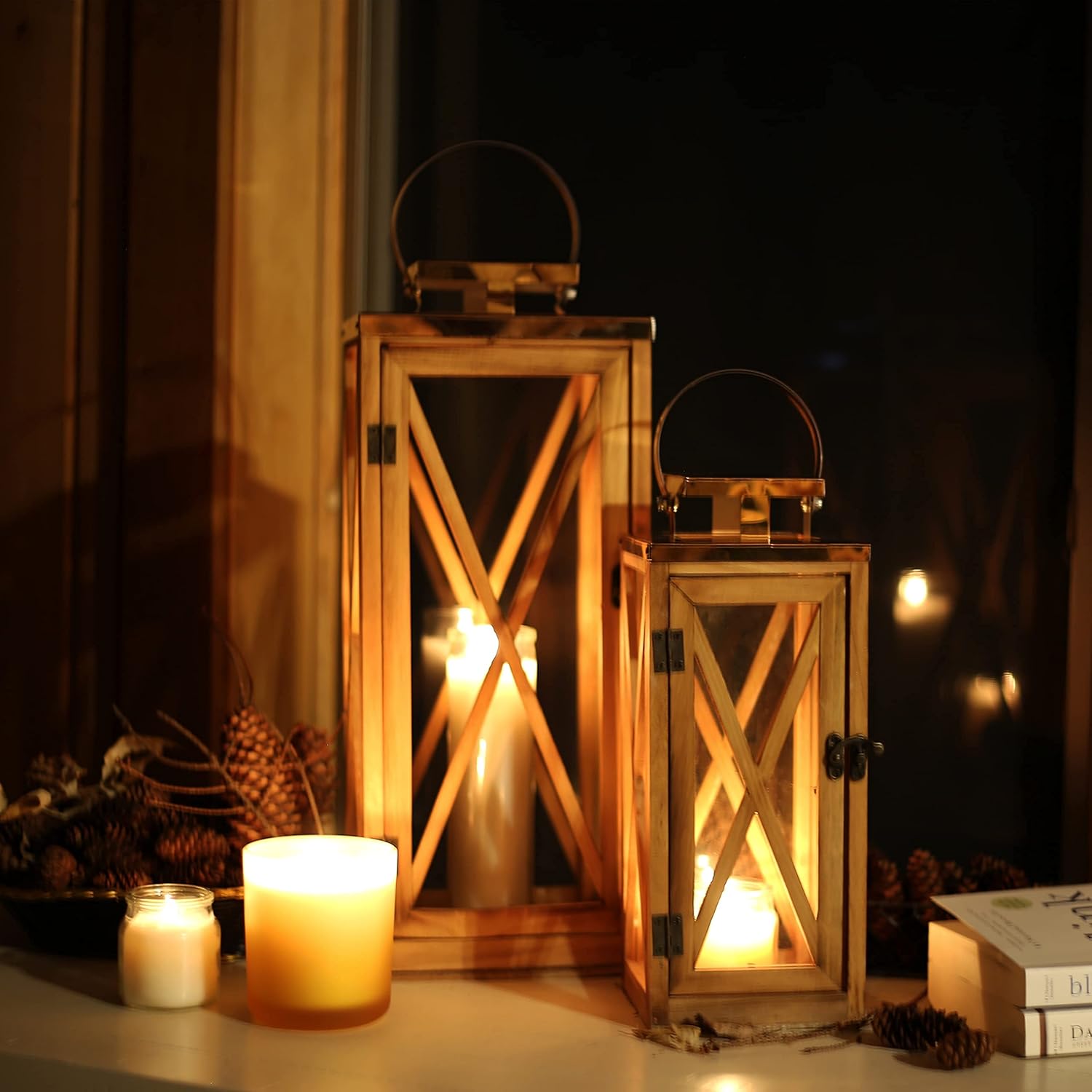 Wooden Candle Lantern Decorative Set of 2, Patio Decor with Stainless 