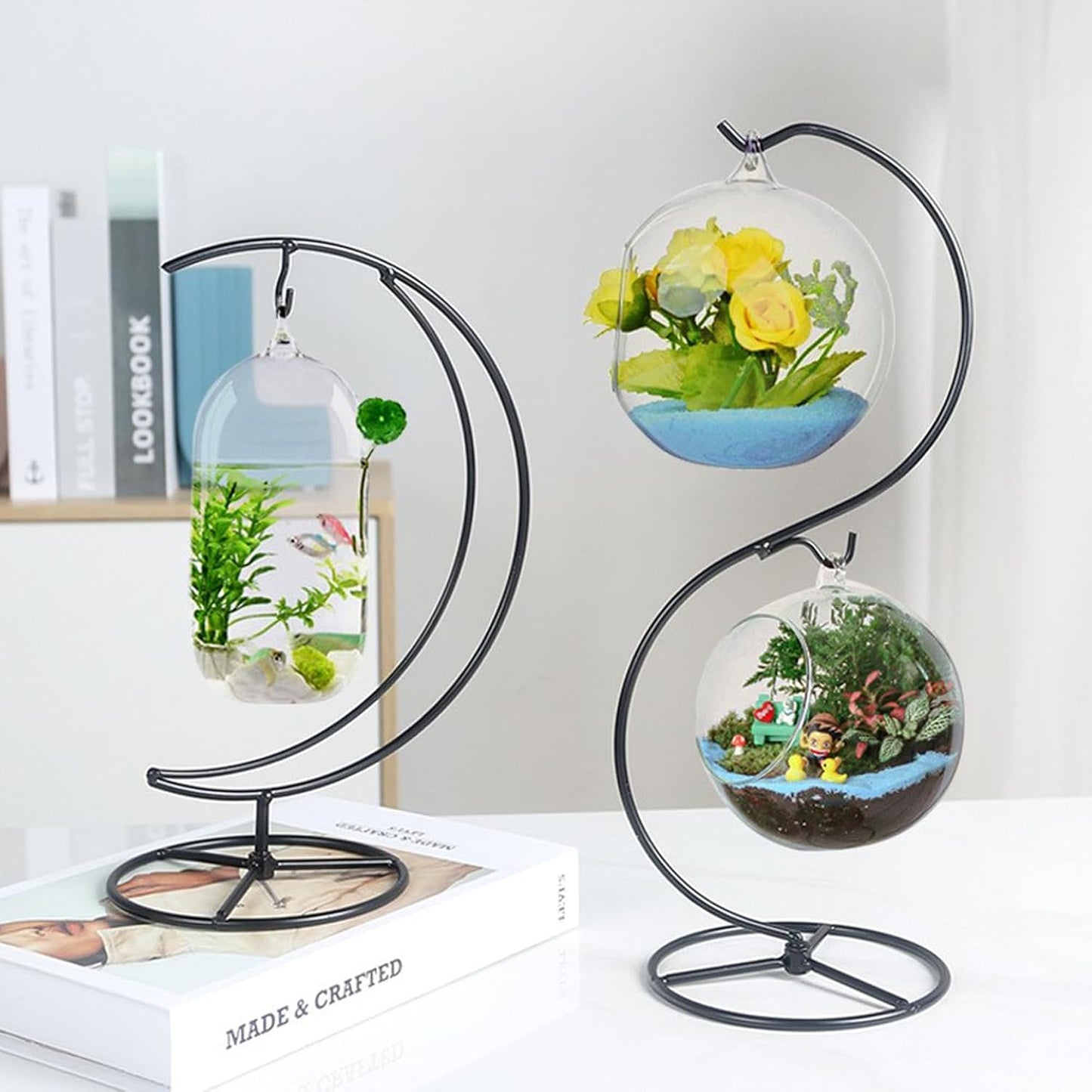 Ornament Display Stand Holder Iron Hanger Air Plant Stand Flower Pot Holder Iron Stand for Hanging Glass Globe Ball ,Christmas Wedding Ornament, Home Office Decor (S-style)