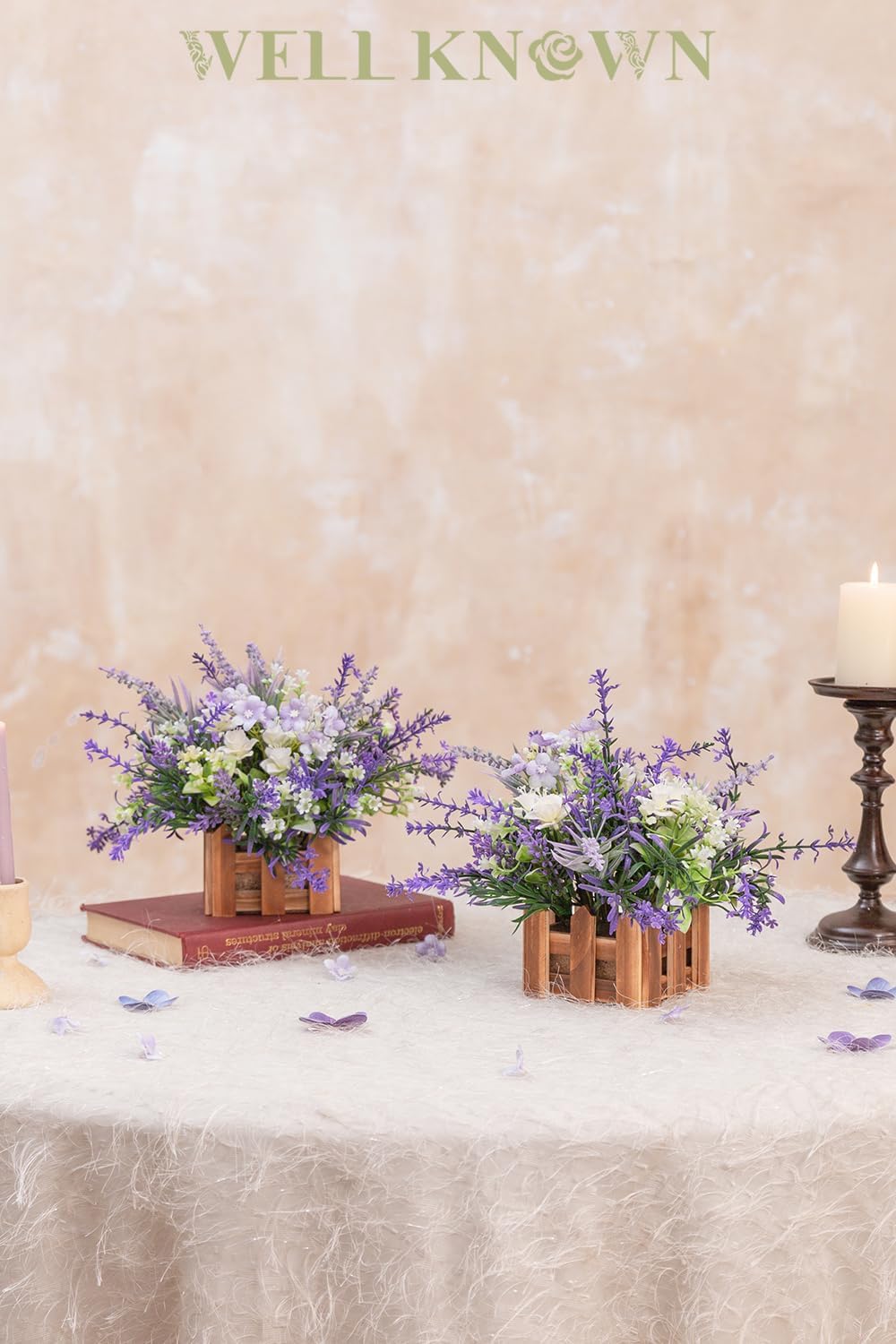 WELL KNOWN Artificial Lavender Plants in Wooden Baskets, Artificial Mini White Flower Arrangement in Planter for Home Hotel Office Table Wedding Centerpieces & Gift(Set of 2)