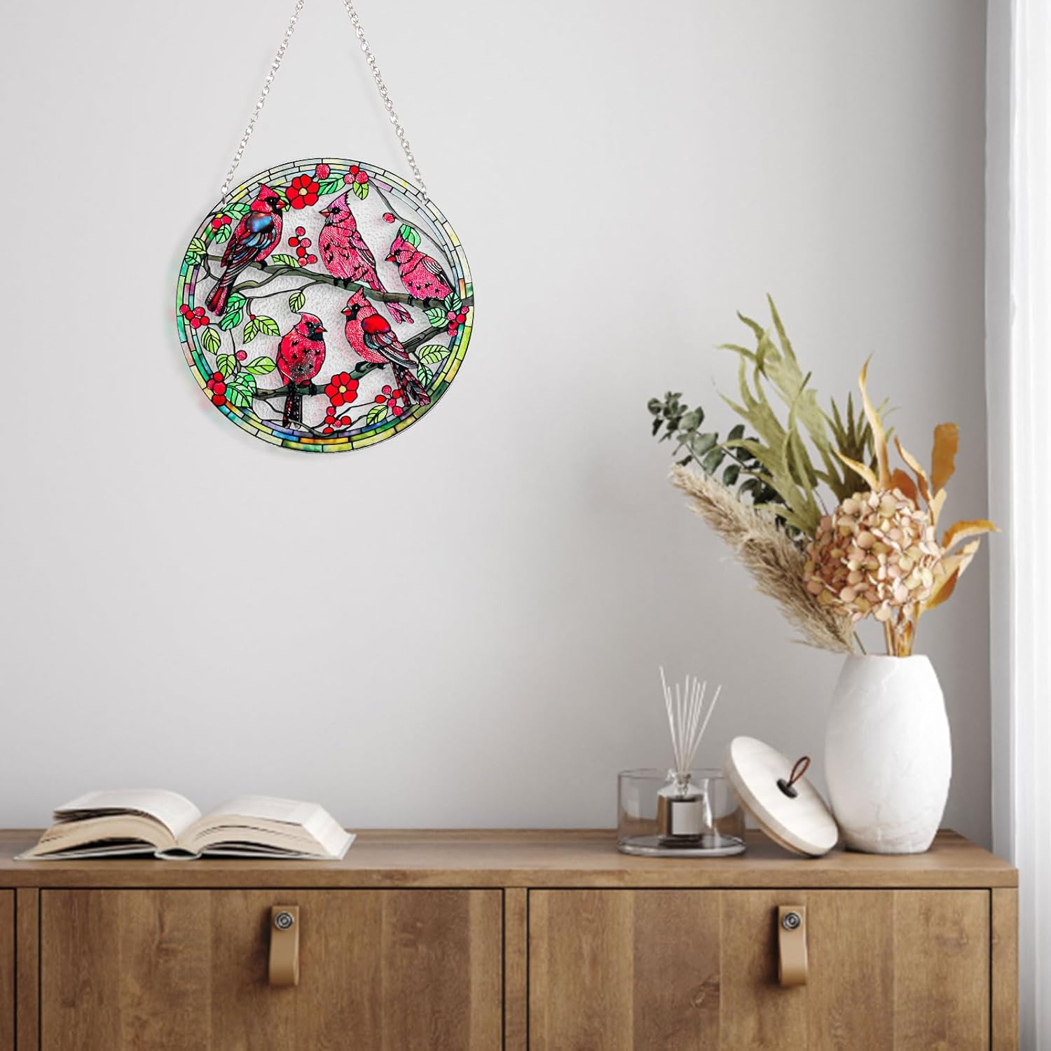 Stained Glass Window Hanging – Red Cardinal Birds Suncatcher, 6-Inch R