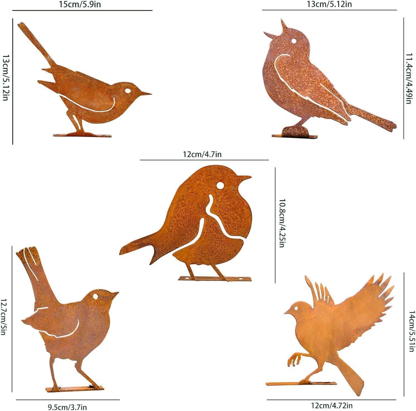 5PCS Rusty Metal Birds Decorations - Handmade Yard Art & Garden Sculptures, Rustic Metal Garden Decor for Outdoor Fences, Patio, and Bird Lovers