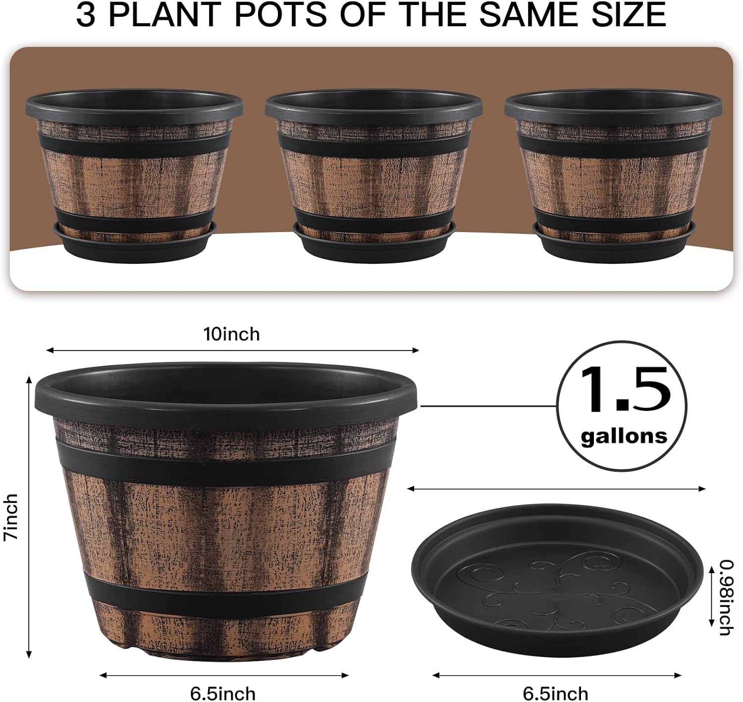 Quarut 3 Pack 10 inch Plant Pots,Whiskey Barrel Planters with Drainage
