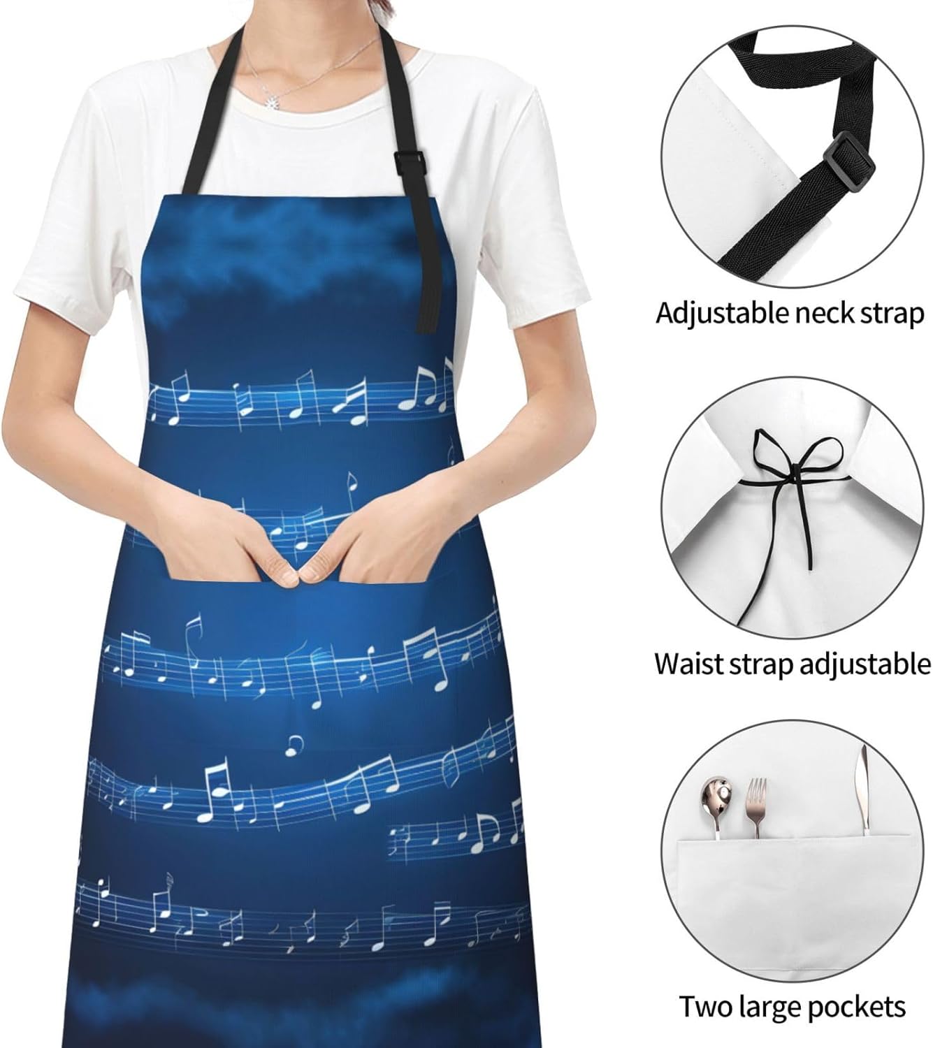 Blue Musical Notes Print Laundry apron 28x33 In Waterproof Kitchen Apron with Pockets for Cooking Baking