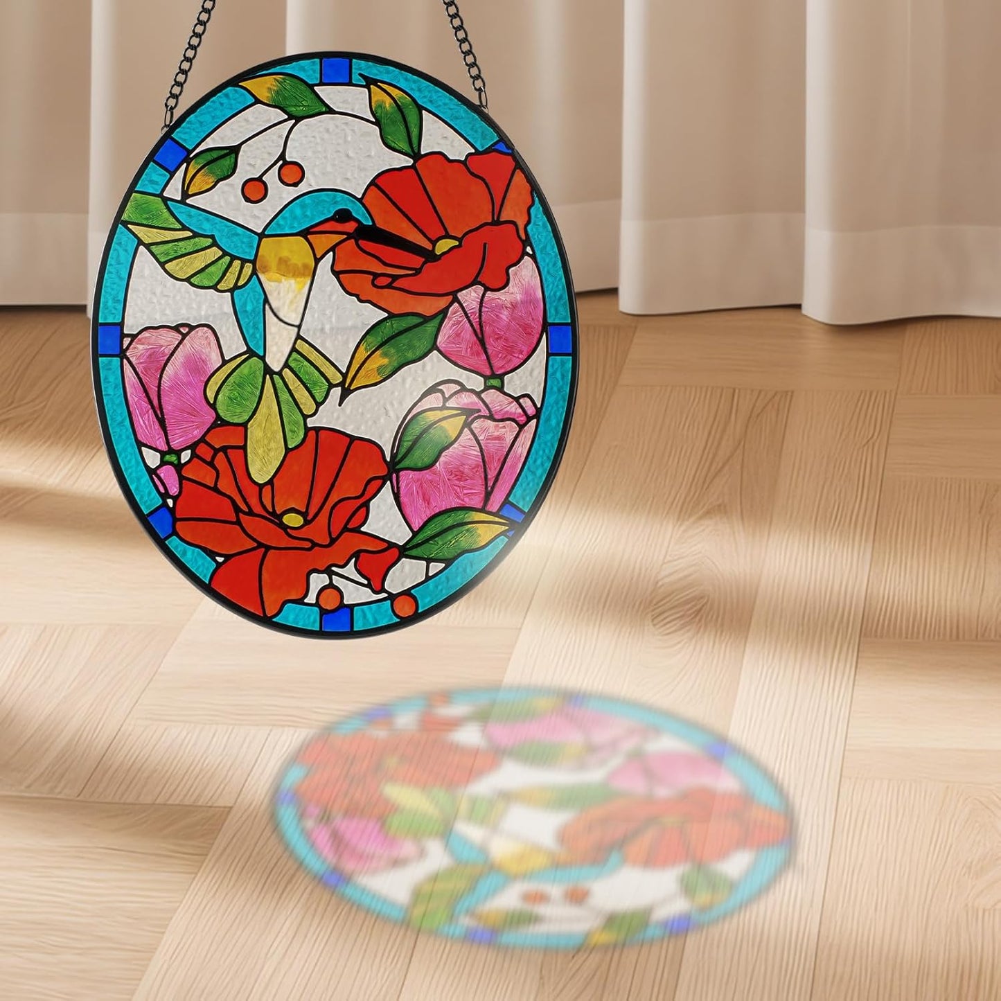 Stained Glass Window Hangings Decor Hand-Painted Pendant Suncatcher Panel with Chain (10x8 Hummingbird)