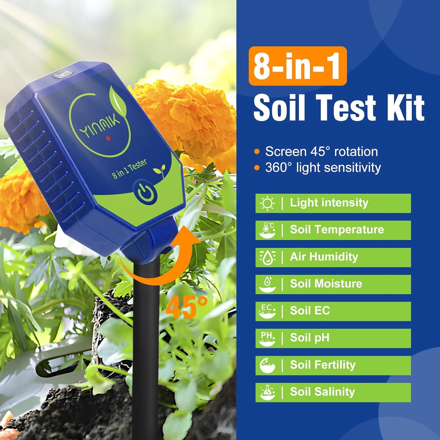 YINMIK Soil Test Kits, pH Moisture Meter for Plant, Smart Soil pH Tester, Digital Soil pH Meter, 8 in 1 Soil Meter - pH Moisture EC Fertility Salt Light Air Humidity Temp Meter for Outdoor, Garden