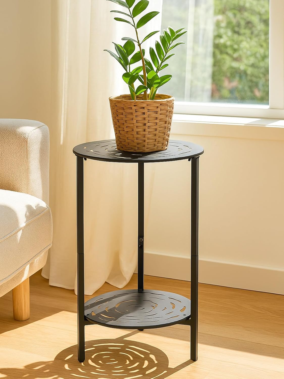 2-Tier Metal Round Side Table Black Accent Coffee Tables Small Space C