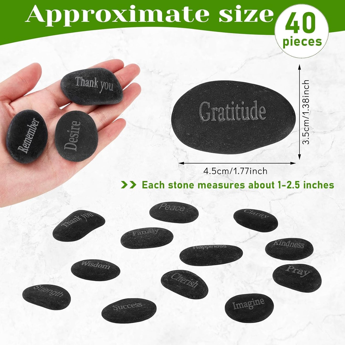 Fabbay Engraved Inspirational Stones, Encouragement Motivational Rocks with Words, Natural River Stone Bulk Set for Garden Decor, Meditation, Positive Gifts & Easter Decorations(Black,40 Pcs)