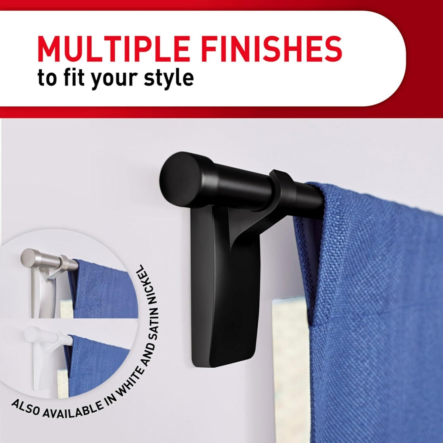 Command 10 lb Matte Black Curtain Rod Hooks, 2 Hooks and 4 Strips, No Drilling Home Decor and Room Decor, Use with Rod Diameters 0.5-0.75" | 10 lb, 4 Command Strips, Damage Free, Curtain Rods Hangers, Home and Room Decor