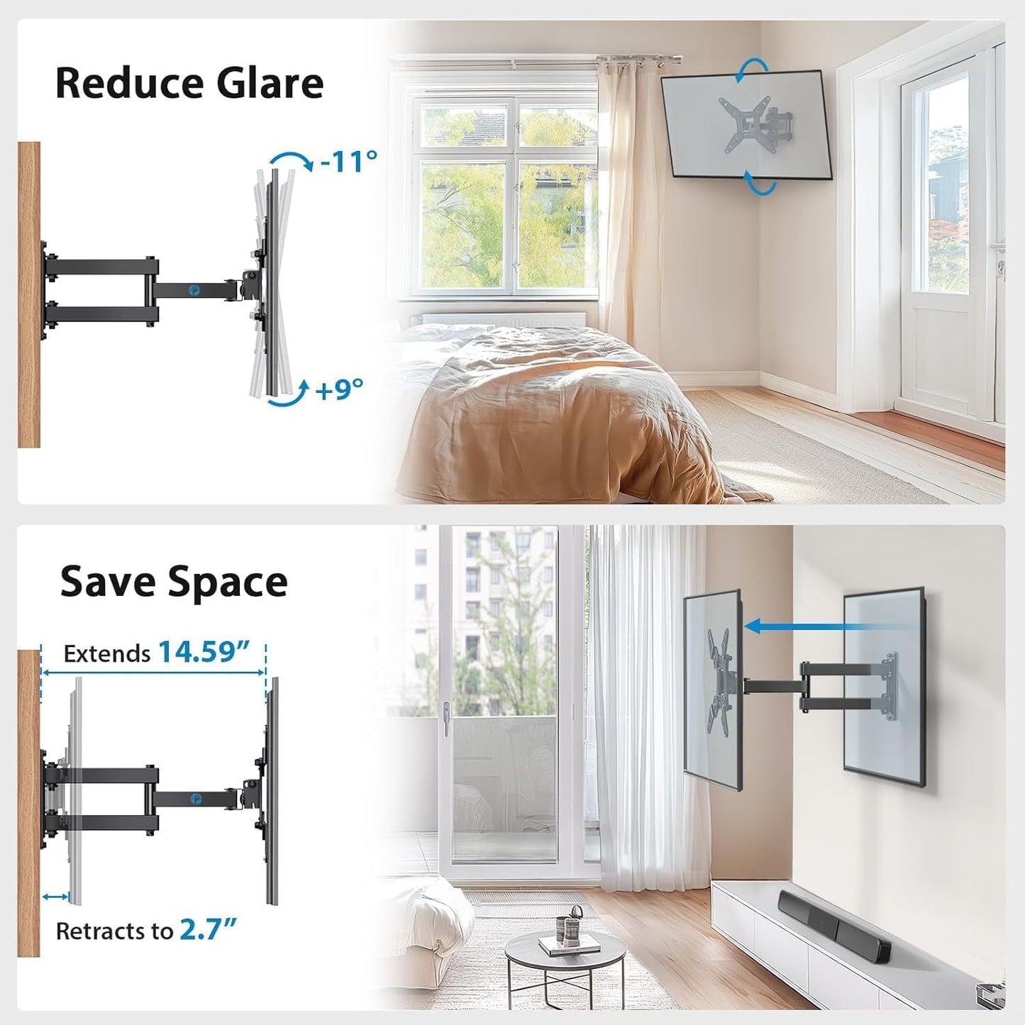 Pipishell Full Motion TV Wall Mount for Echo Show 21/15 and 13-43 Inch Flat Curved Screen TVs & Monitors, Max VESA 200x200mm up to 44lbs, TV Mount Wall Bracket with Rotation Swivel Tilt Extension
