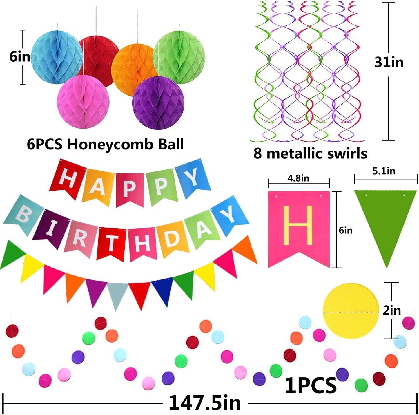 Fecedy Happy Birthday Banner With Colorful Paper Flag Bunting Paper Circle Confetti Garland Swirl Streamers Honeycomb ball for Birthday Party Decorations