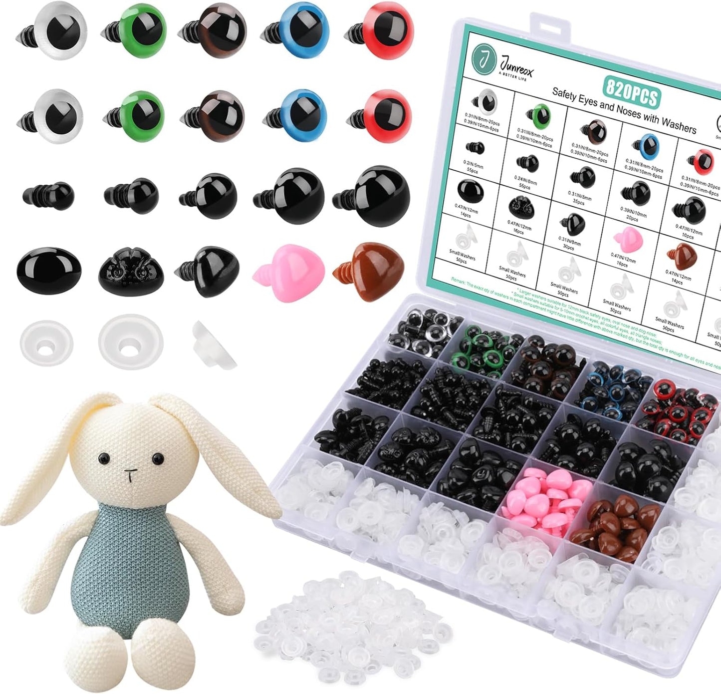 Junreox 820pcs Safety Eyes for Amigurumi- Premium Safety Eyes and Nose