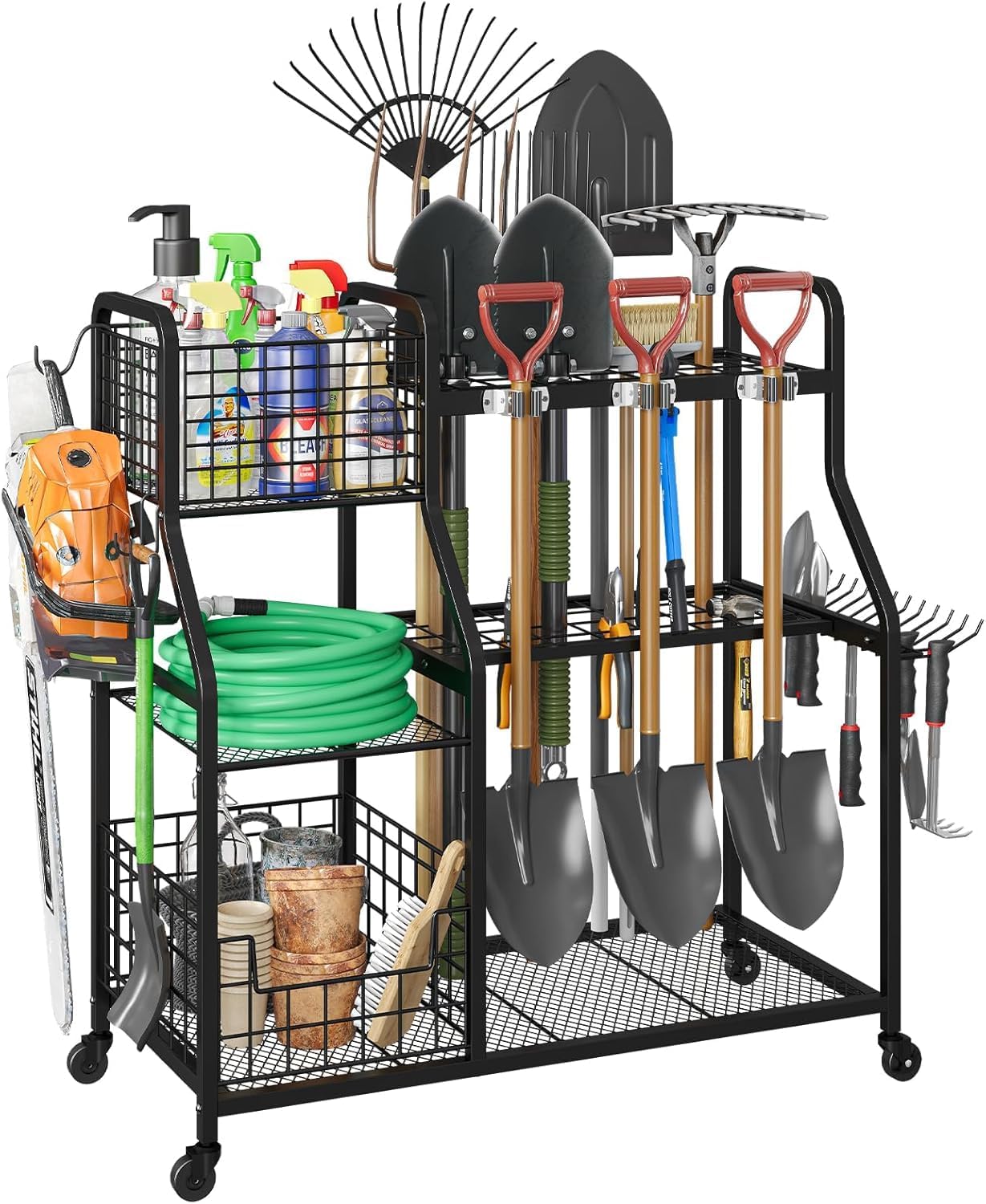GarveeLife Garden Tool Organizer With Wheels & Basket,Yard Storage Rack with 6 Shelves,Freestanding Garage Tool Organizer for Yard Shed and Lawn
