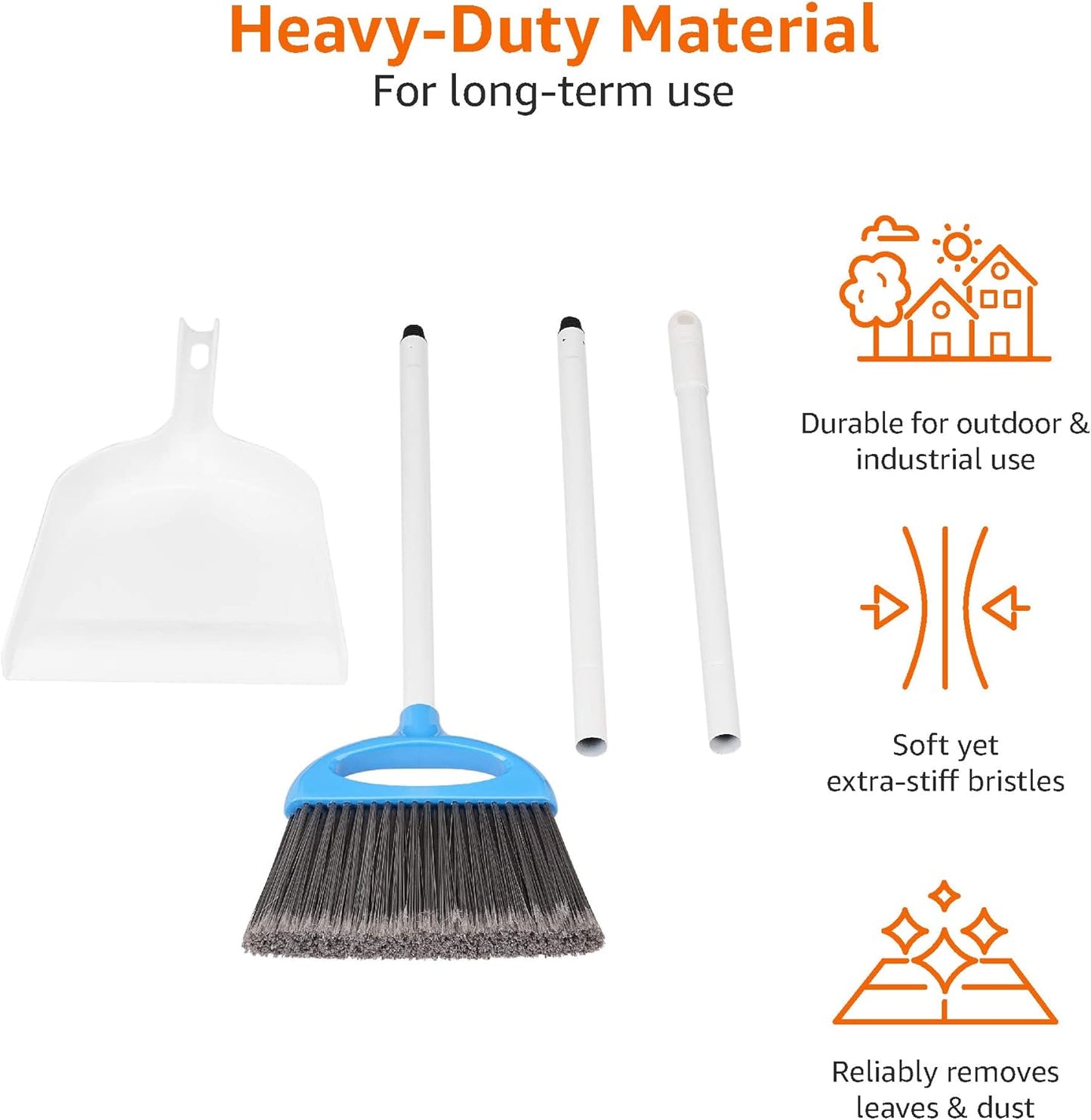 Amazon Basics Dustpan Broom Set with Adjustable Long Handle, Easy to Assemble, Blue and White
