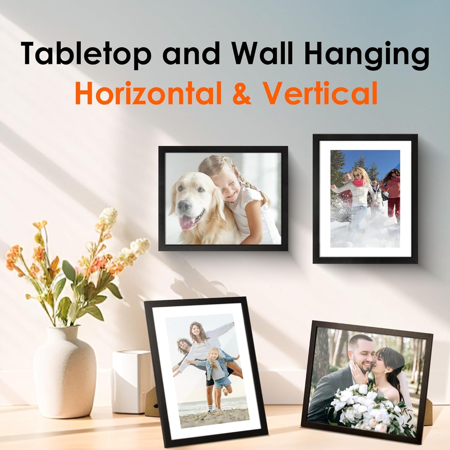 FIXSMITH 8x10 Picture Frame Set of 2, Photo Frame with HD Plexiglass, Display Pictures 5x7 with Mat or 8x10 Without Mat Multi Picture Frames Collage for Tabletop or Wall Display, Black