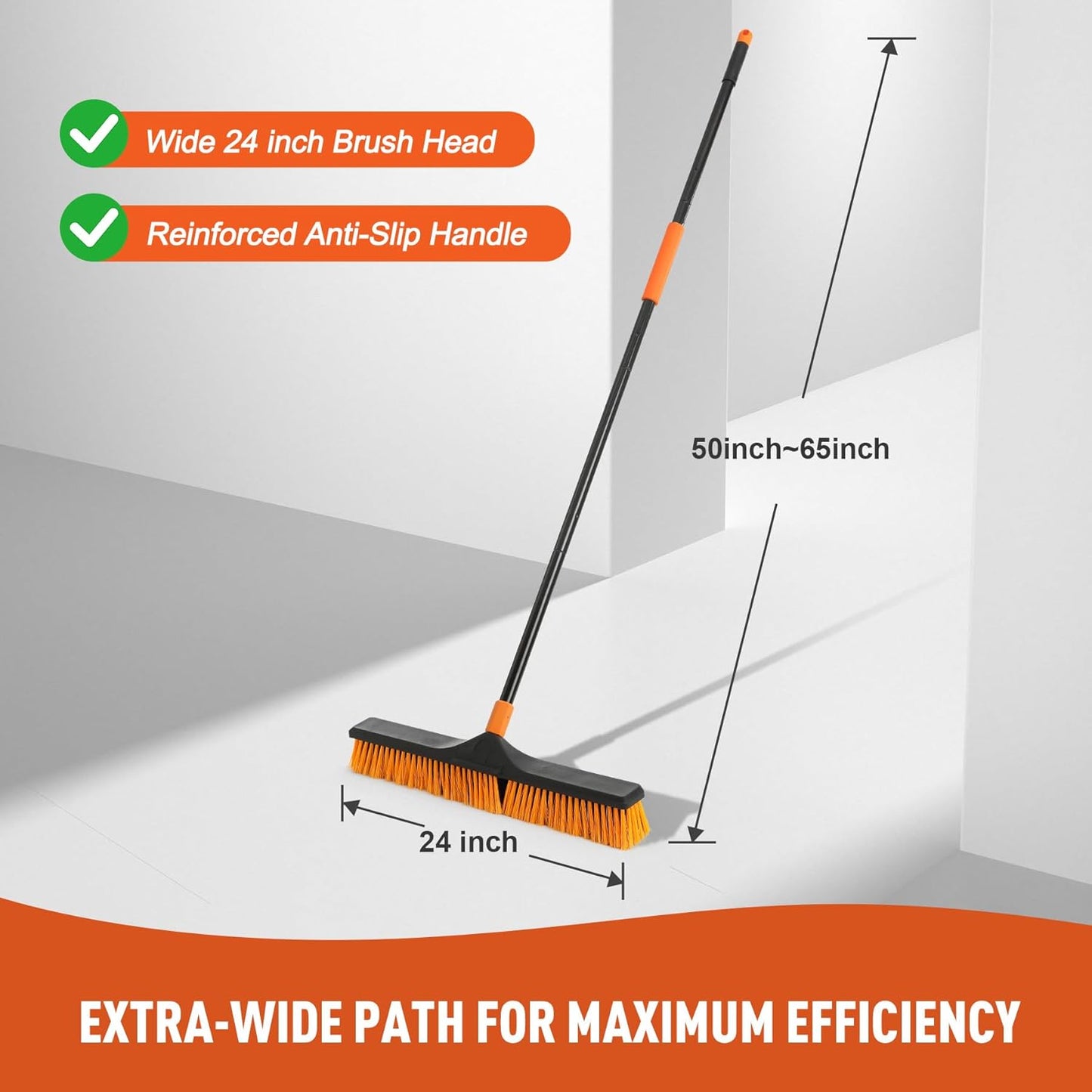24”Push Broom Brush for Floor Cleaning with 65” Long Handle and Stiff Bristles, Heavy Duty Brush for Shop, Deck, Garage, Concrete,Indoor and Outdoor Broom,Orange