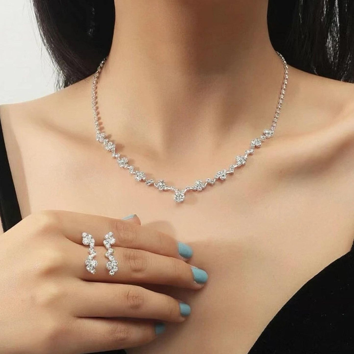 Crystal Wedding Jewelry Set, Silver Necklace Earrings Bracelet Crystal