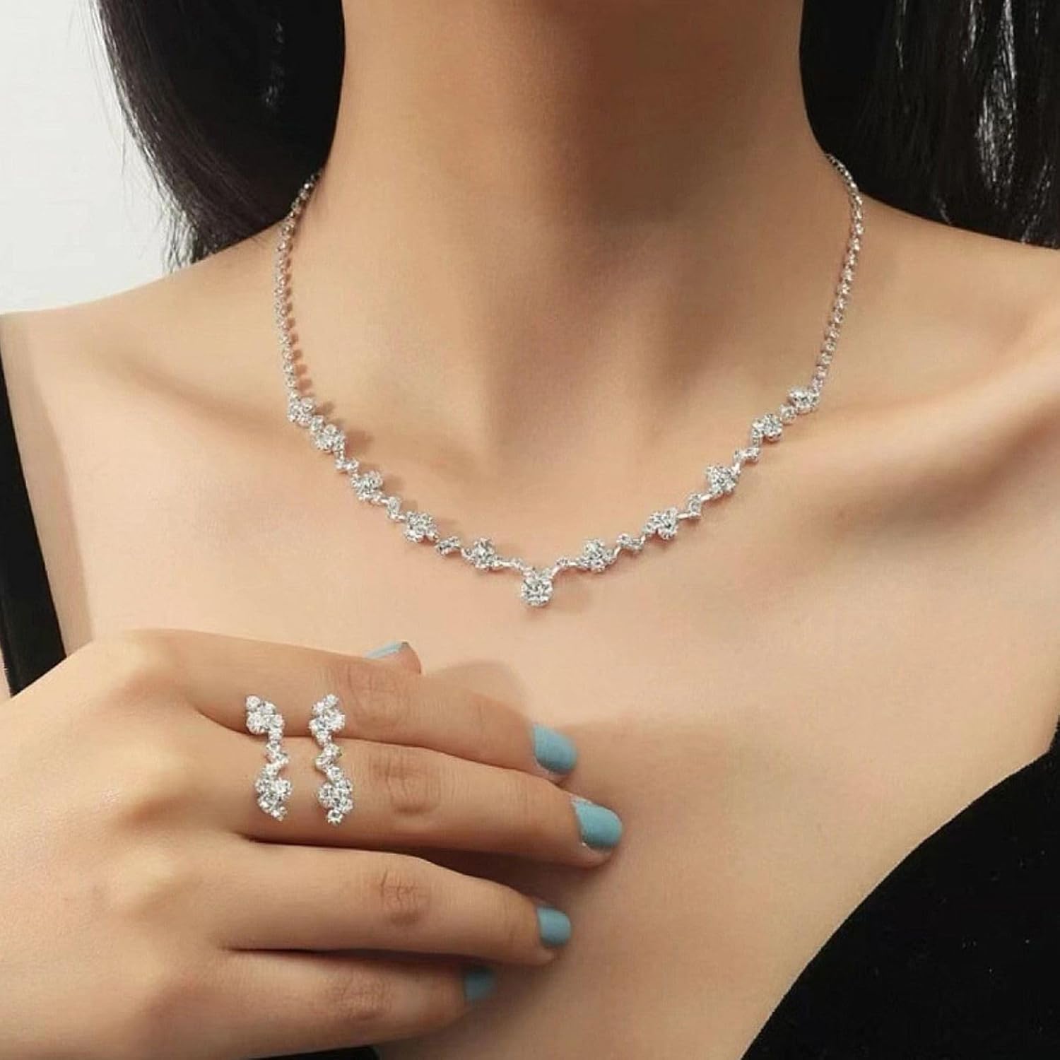 Crystal Wedding Jewelry Set, Silver Necklace Earrings Bracelet Crystal