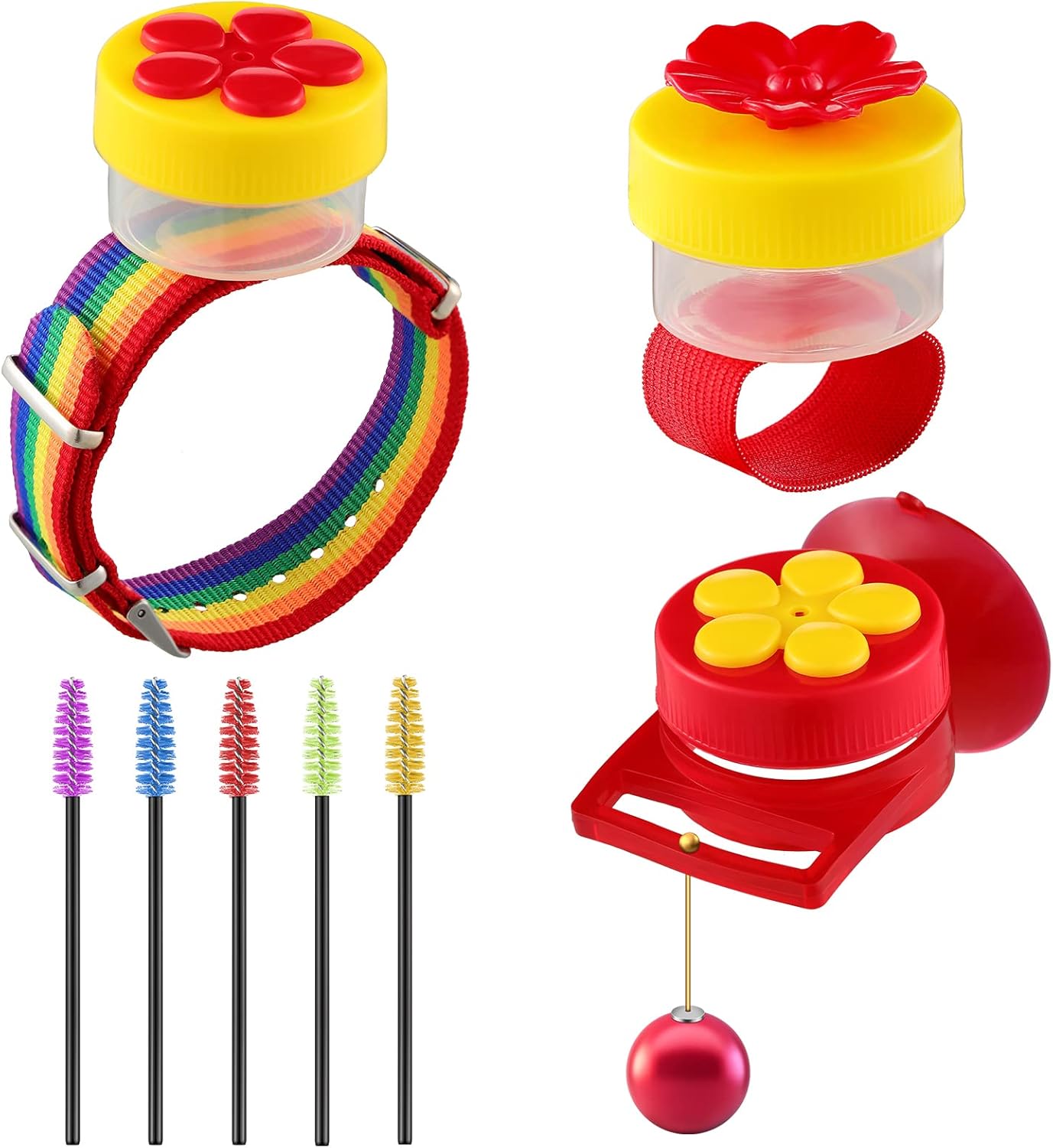 Skyley Hummingbird Hand Feeder Set 3 Packs Handheld Feeders Adjustable Wrist Hand Feeders Suction Cup with Perches Hummingbird Ring Feeder with 12 Cleaning Brush for Outdoors