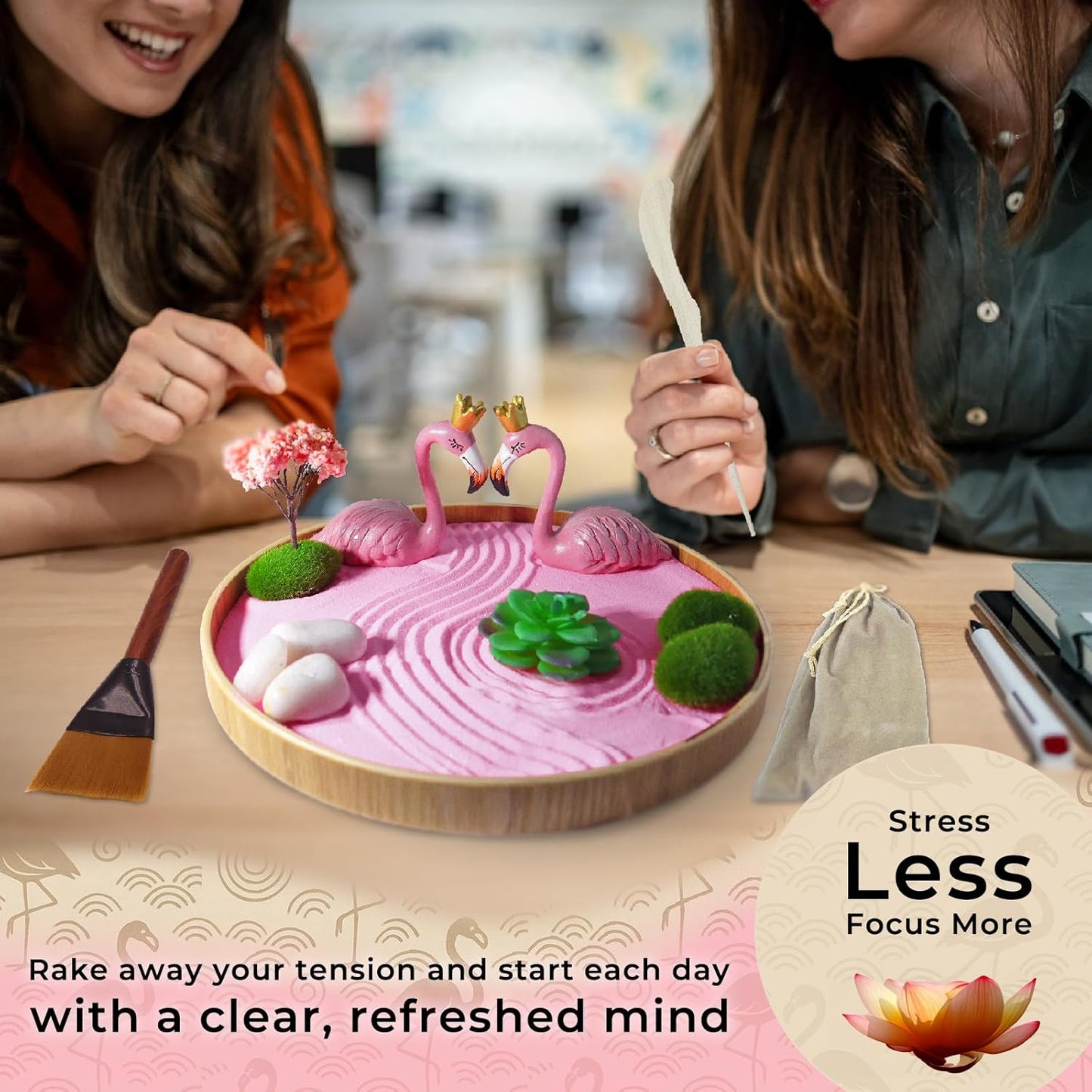Zen Garden for Desk Set – Japanese Pink Mini Sand Tray Kit with Cleani