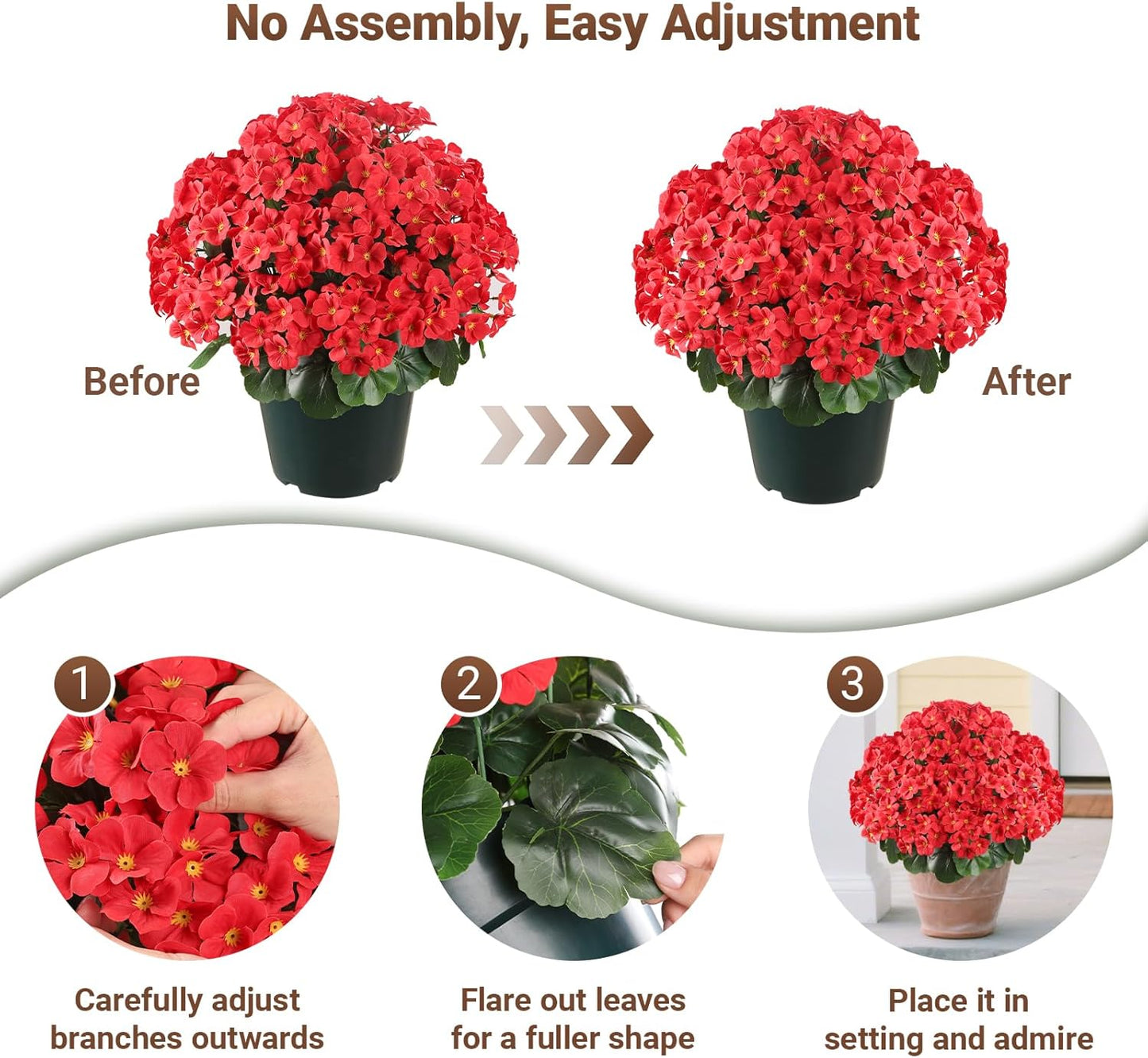 Romantic season 20" Artificial Geraniums Bush in Pot, Outdoor Fake Potted Plant with UV Resistant Red Flowers for Patio, Front Porch, Garden, Balcony & Home Decor