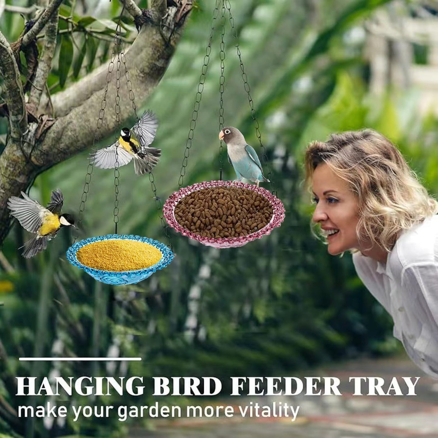 4 Pack Hanging Bird Baths Bowl Outdoor Bird Feeder 15.7 Inch Metal Chains, Weather-Resistant Hanging Bird Feeder & Bath Tray for Garden, Patio, Backyard Wildlife Decor
