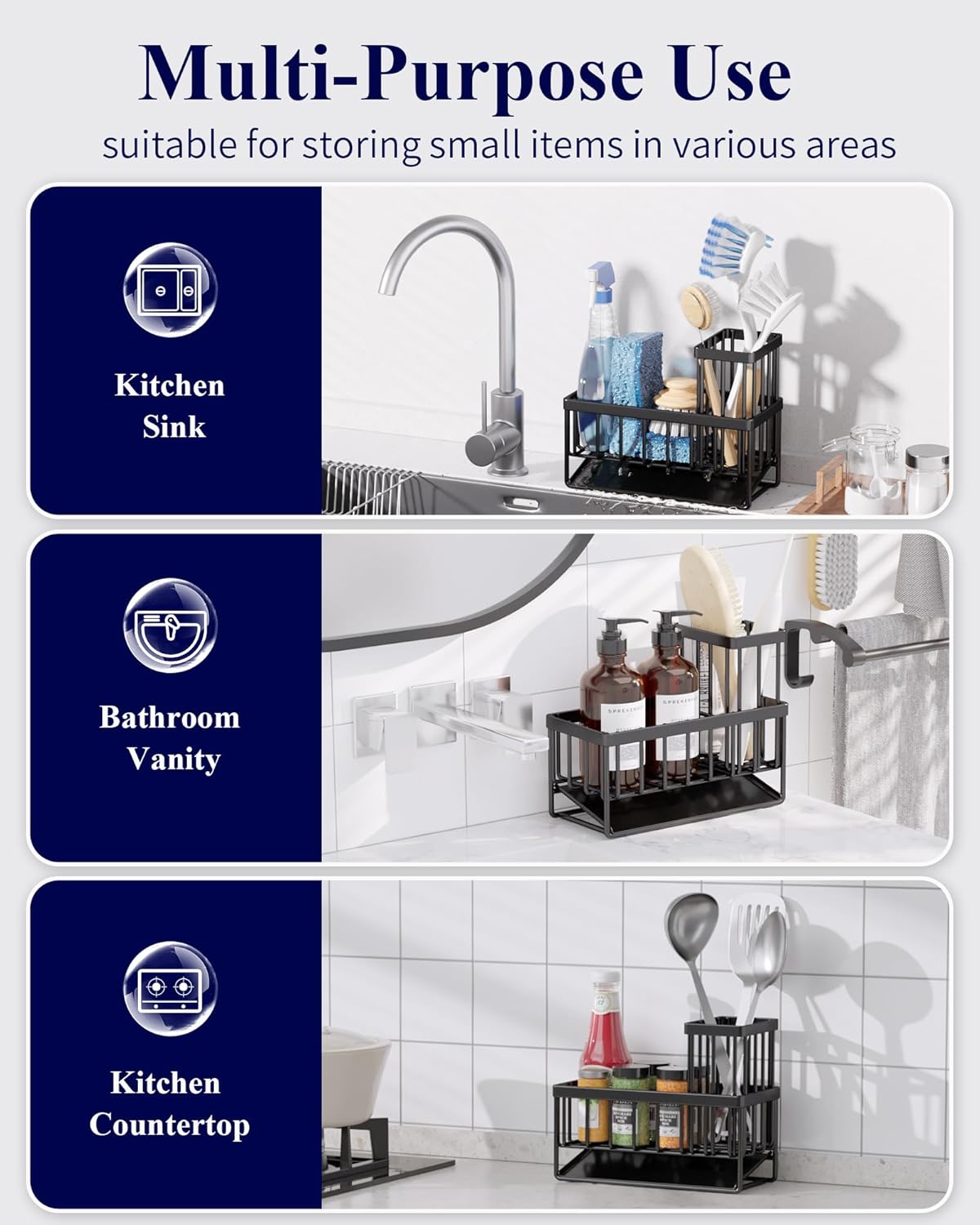 Kitsure Sponge Holder for Kitchen Sink - Rustproof Stainless Steel Sink Caddy Organization and Storage Essentials with High Brush Holder, Home Decor Accessories, 7.9" x 3.7" x 6.2", Black