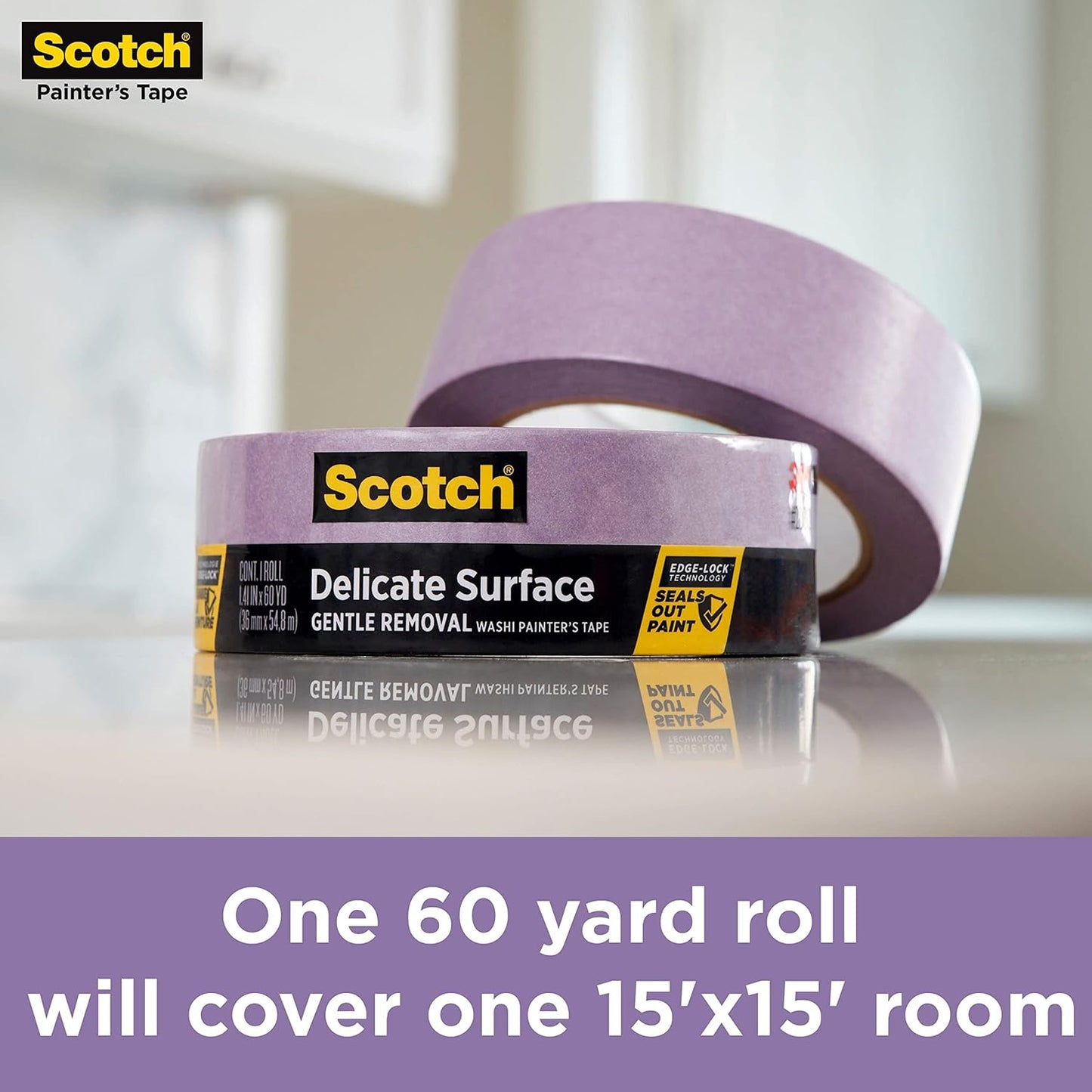 Scotch Delicate Surfaces Painters Tape, 0.94 in x 60 yd, Damage-Free Painting Prep, Protect Delicate Surfaces, UV & Sunlight Resistant, Solvent-Free Adhesive, Indoor Masking Tape, 1 Roll (2080EL-24E)