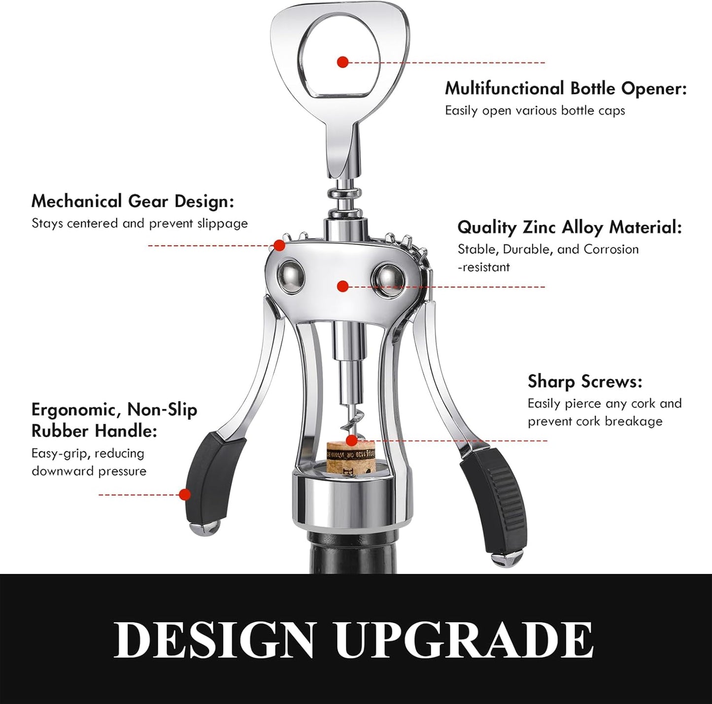 KORCCI Wine Opener, Heavy-Duty Zinc Alloy Wing Corkscrew, Premium Beer Bottle Opener, Multifunctional Wine Accessories with Ergonomic Handle and Sharp Screw, for Kitchen, Bar, Restaurant, Bartenders